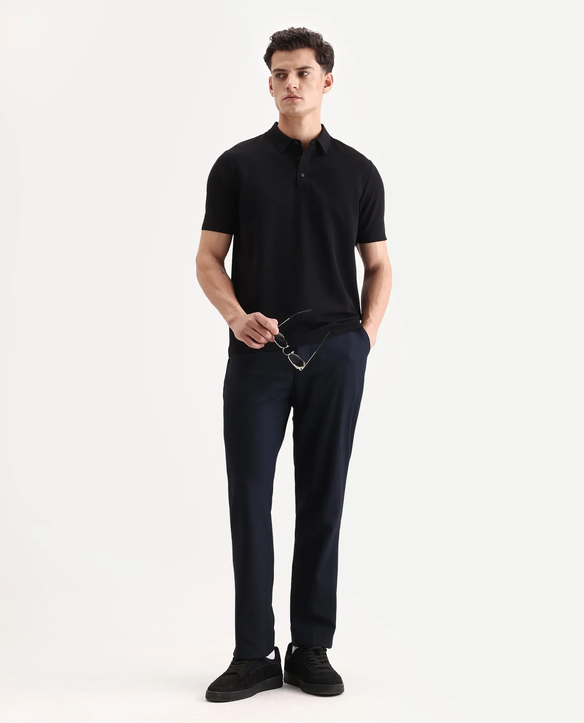Rare Rabbit Men's Atticus Black Nylon Plain Regular Fit Half Sleeve Polo - Image 2