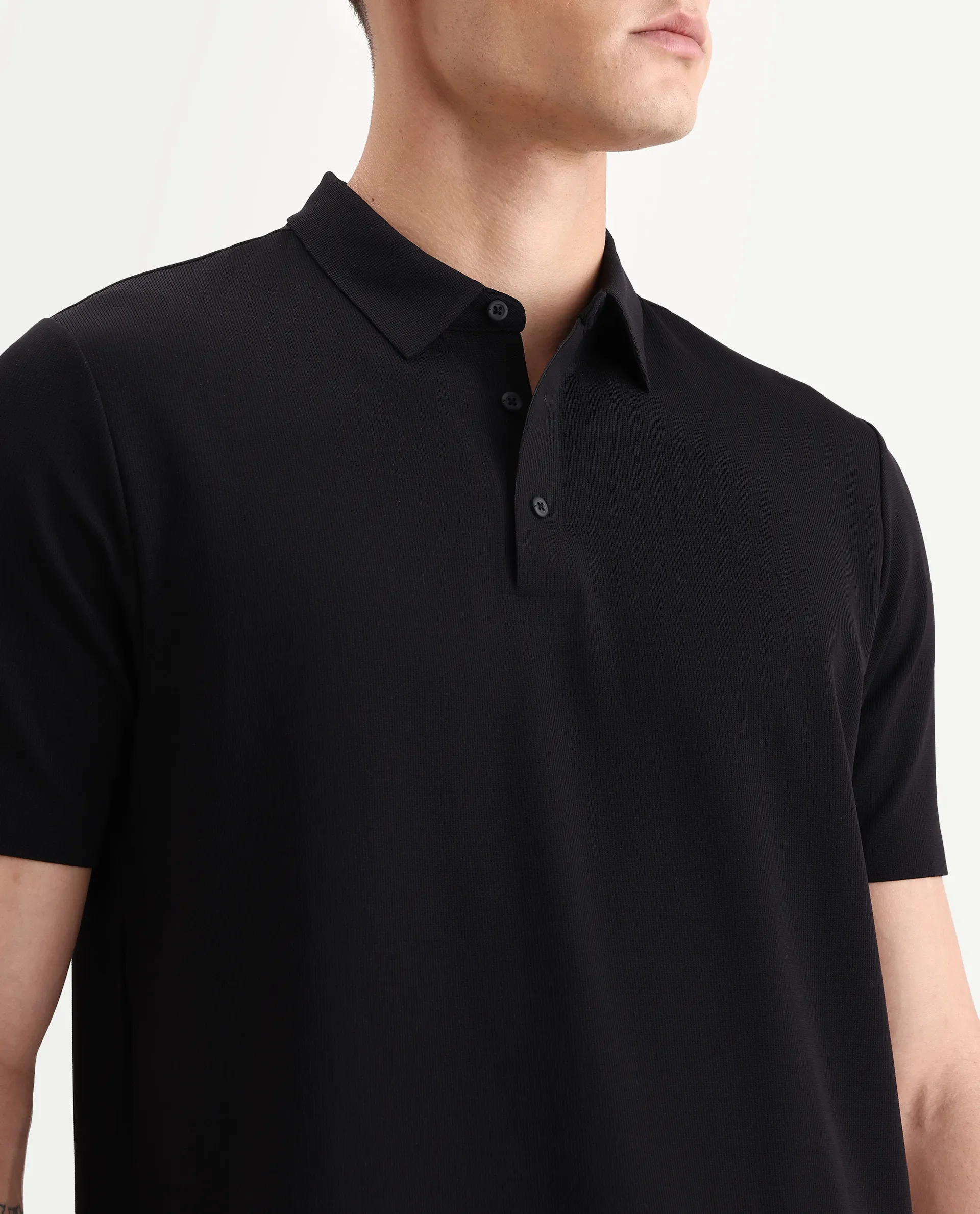 Rare Rabbit Men's Atticus Black Nylon Plain Regular Fit Half Sleeve Polo - Image 3