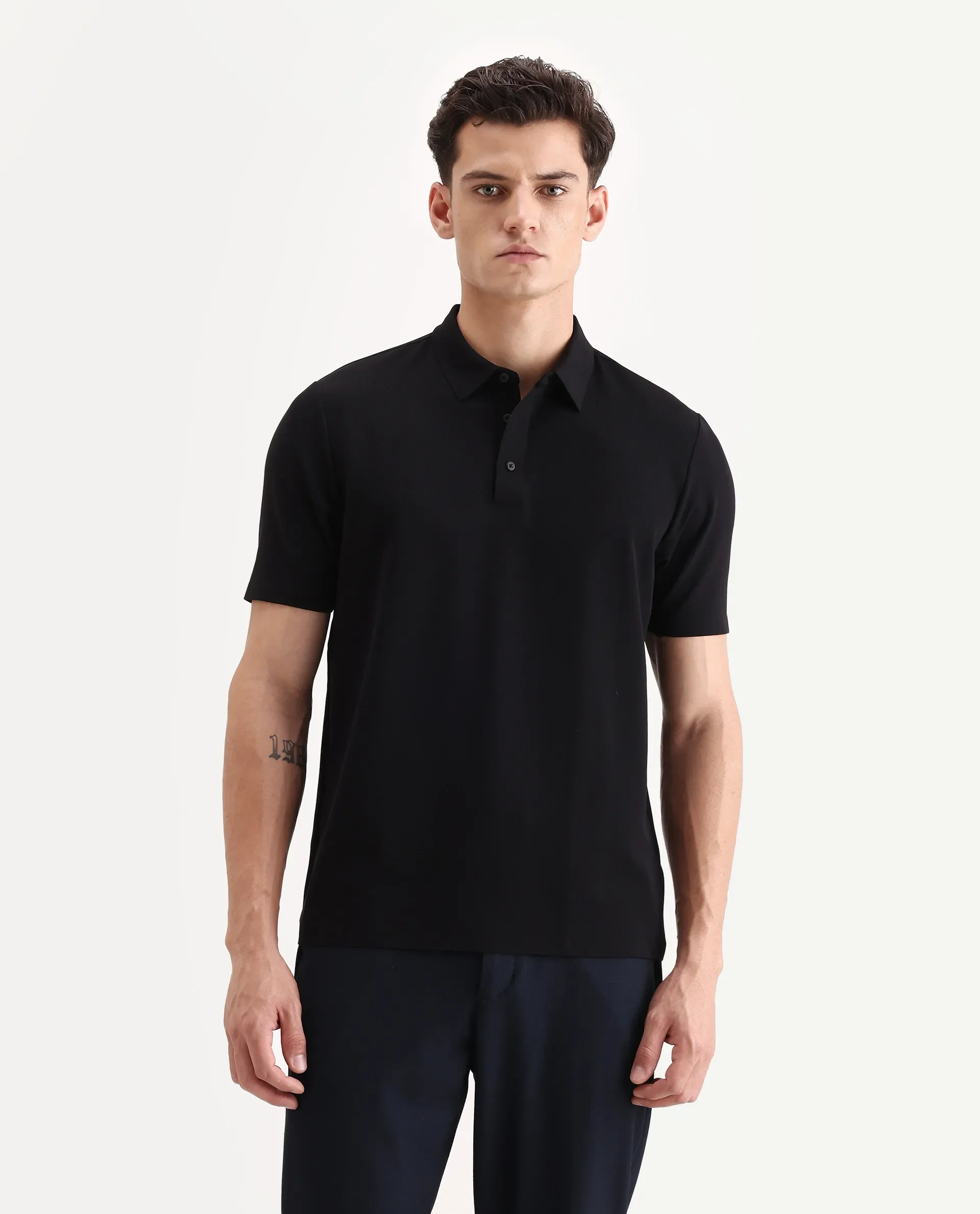Rare Rabbit Men's Atticus Black Nylon Plain Regular Fit Half Sleeve Polo - Image 4
