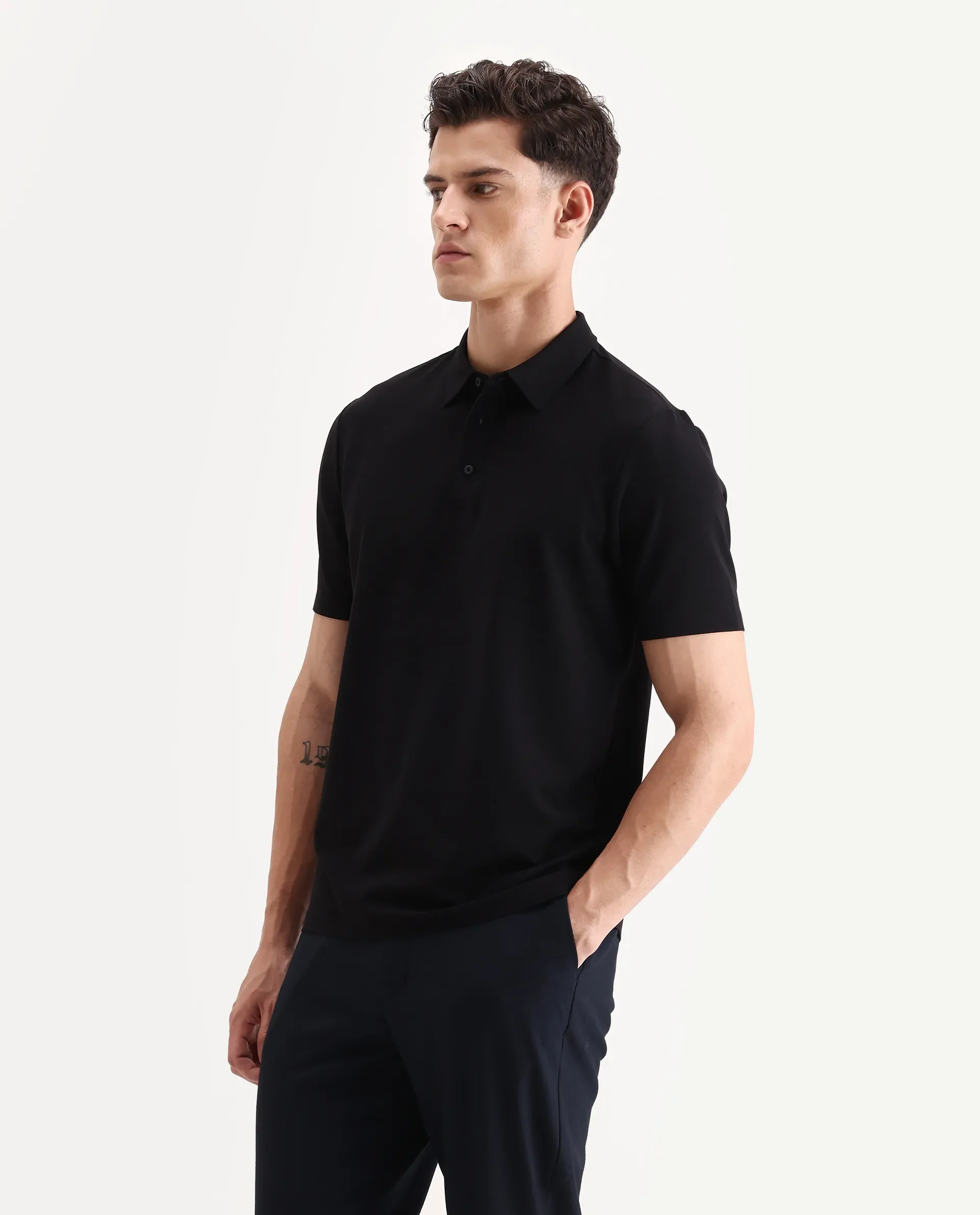Rare Rabbit Men's Atticus Black Nylon Plain Regular Fit Half Sleeve Polo - Image 5