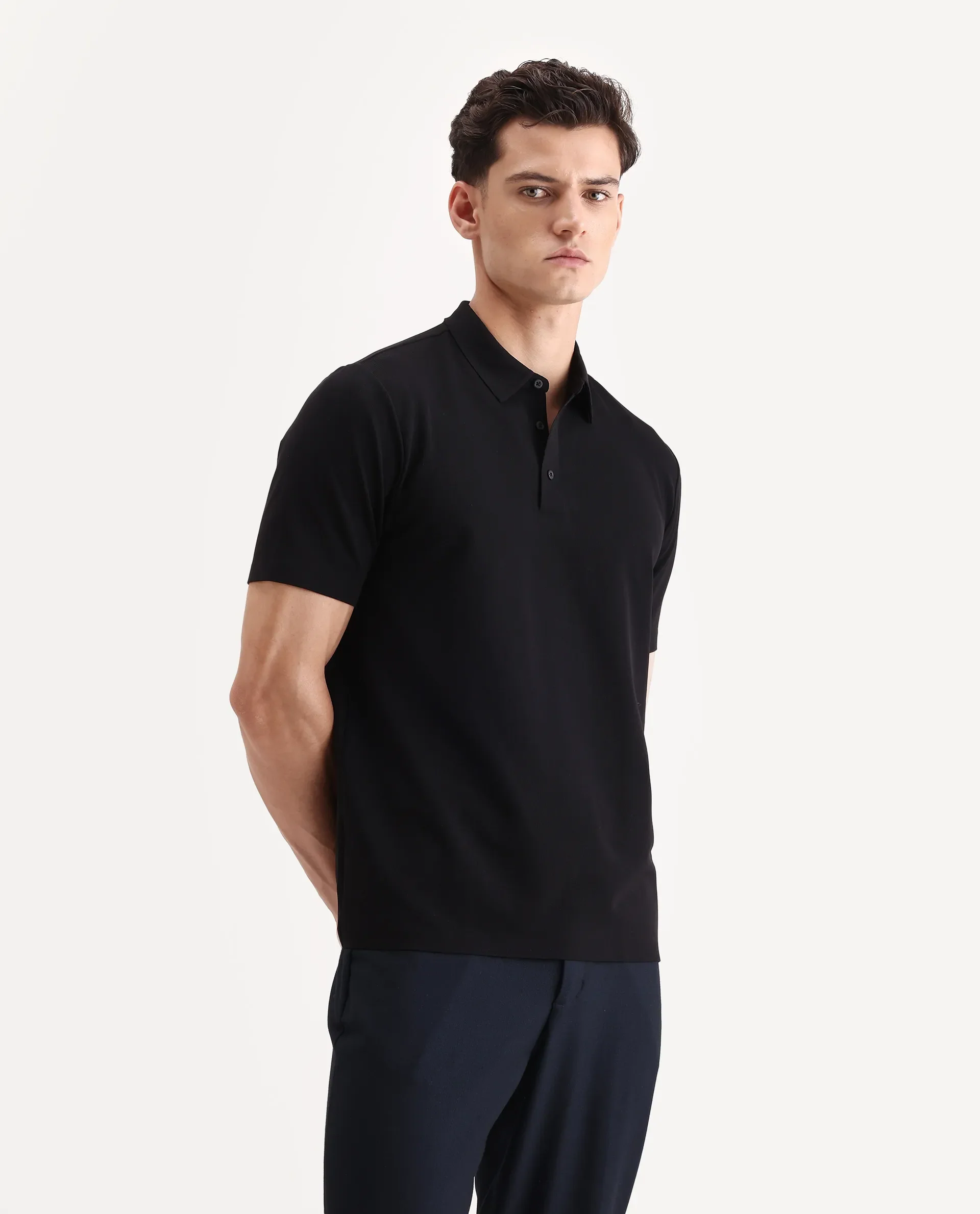 Rare Rabbit Men's Atticus Black Nylon Plain Regular Fit Half Sleeve Polo - Image 6