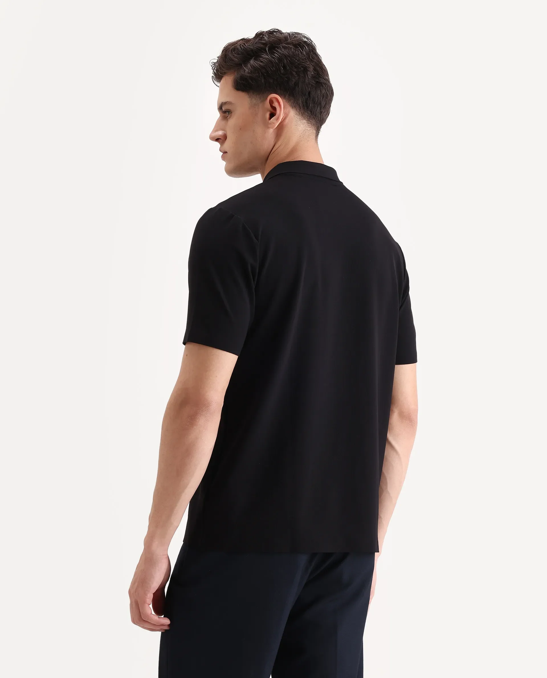 Rare Rabbit Men's Atticus Black Nylon Plain Regular Fit Half Sleeve Polo - Image 7