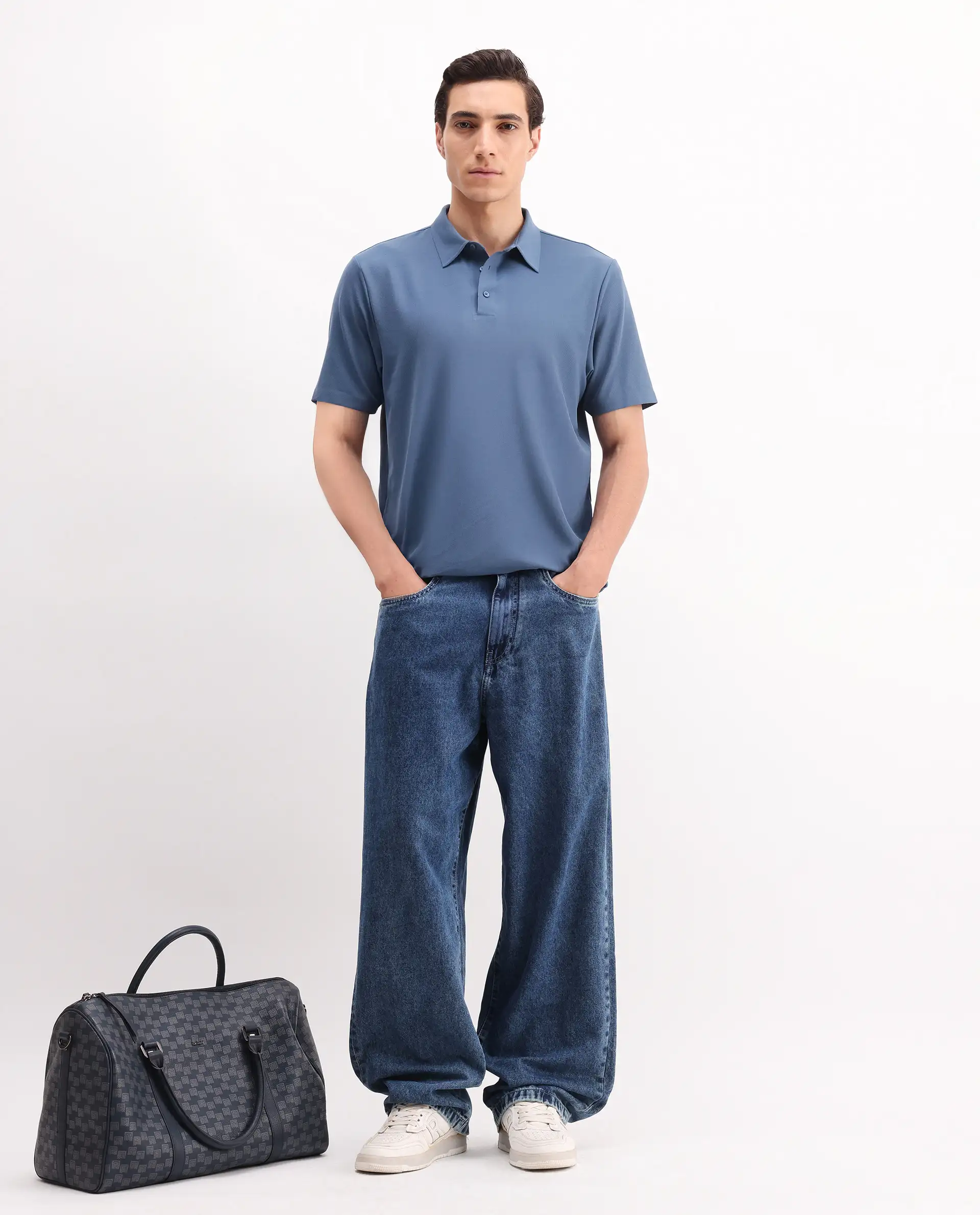 Rare Rabbit Men's Atticus Dusky Blue Nylon Plain Regular Fit Half Sleeve Polo - Image 2