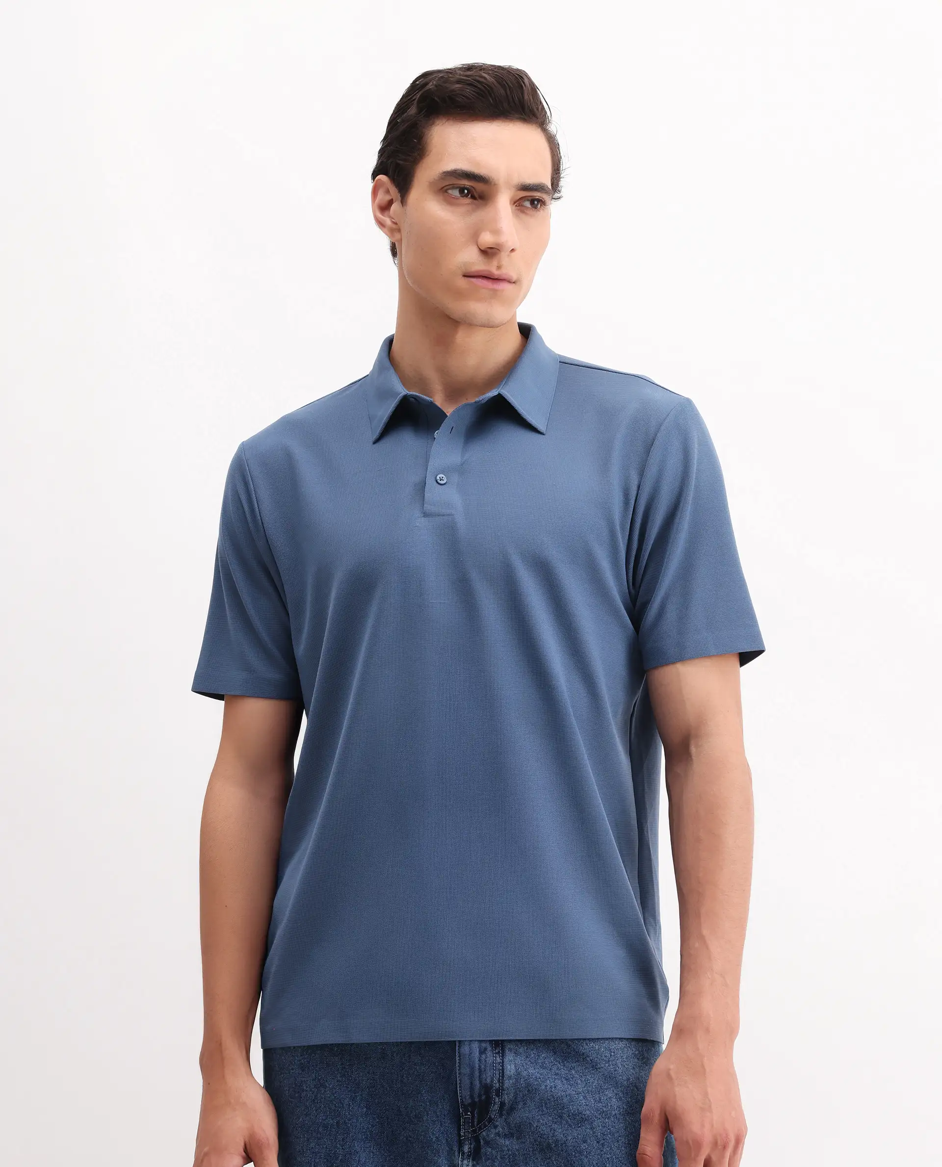 Rare Rabbit Men's Atticus Dusky Blue Nylon Plain Regular Fit Half Sleeve Polo - Image 3