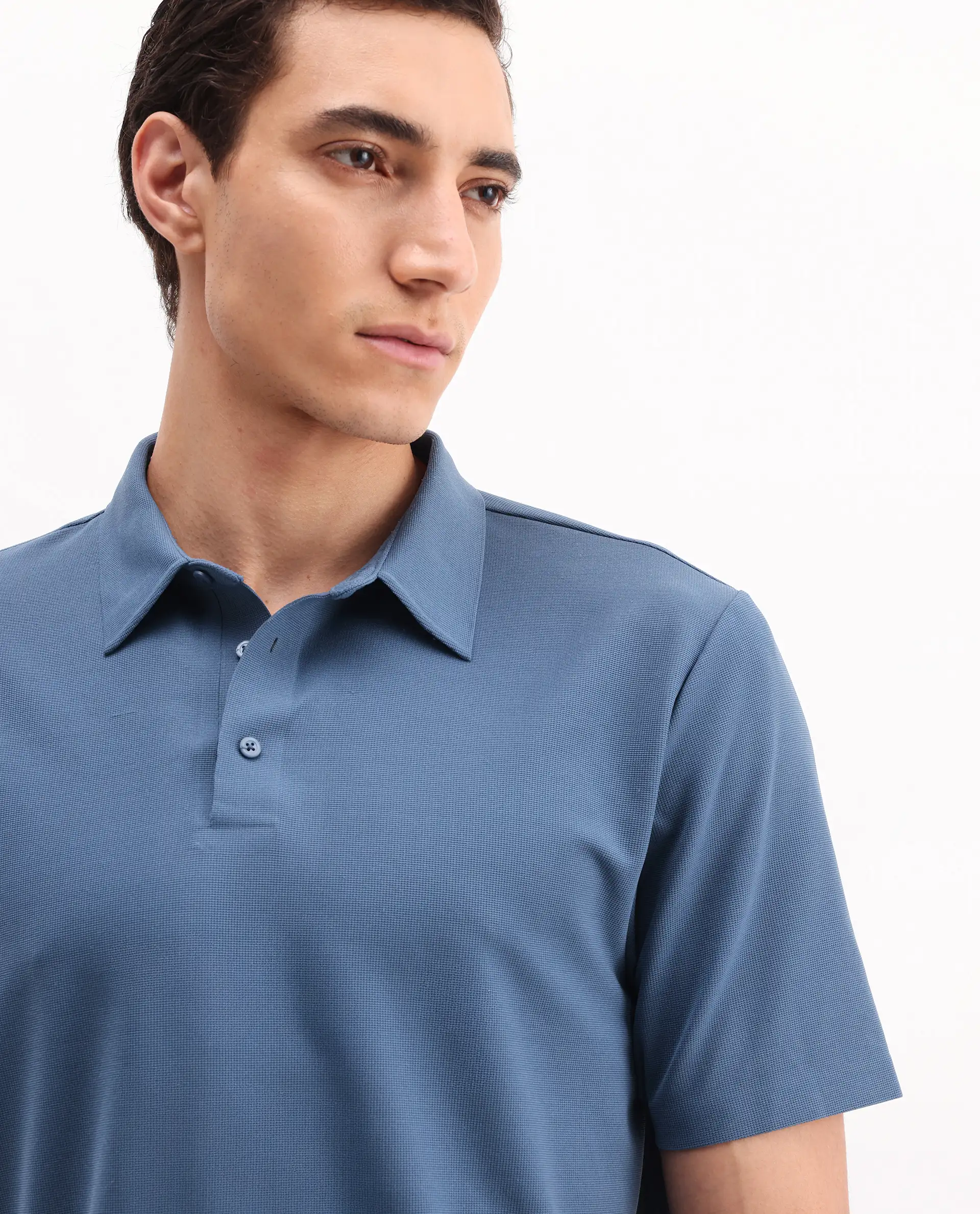 Rare Rabbit Men's Atticus Dusky Blue Nylon Plain Regular Fit Half Sleeve Polo - Image 4