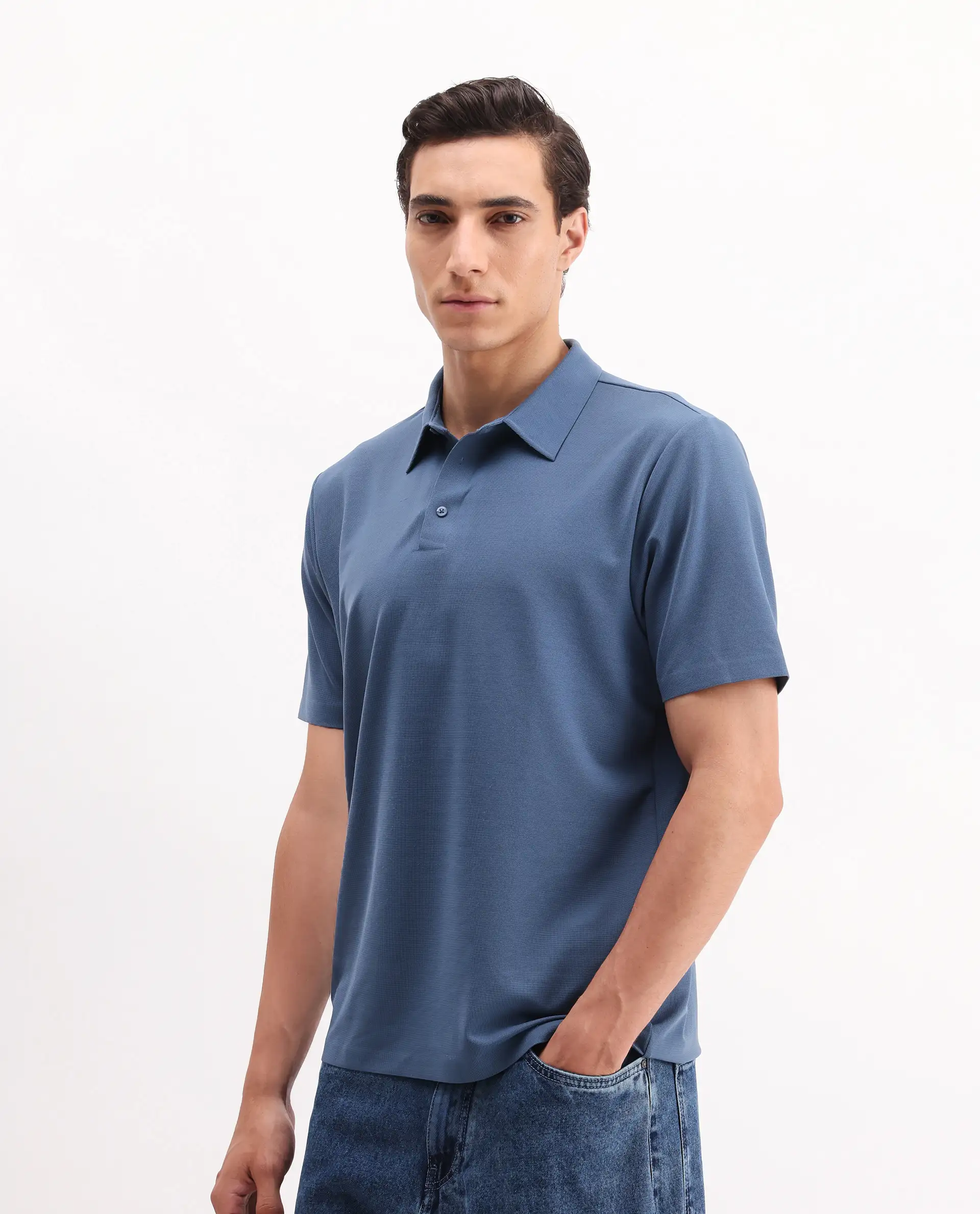 Rare Rabbit Men's Atticus Dusky Blue Nylon Plain Regular Fit Half Sleeve Polo - Image 5