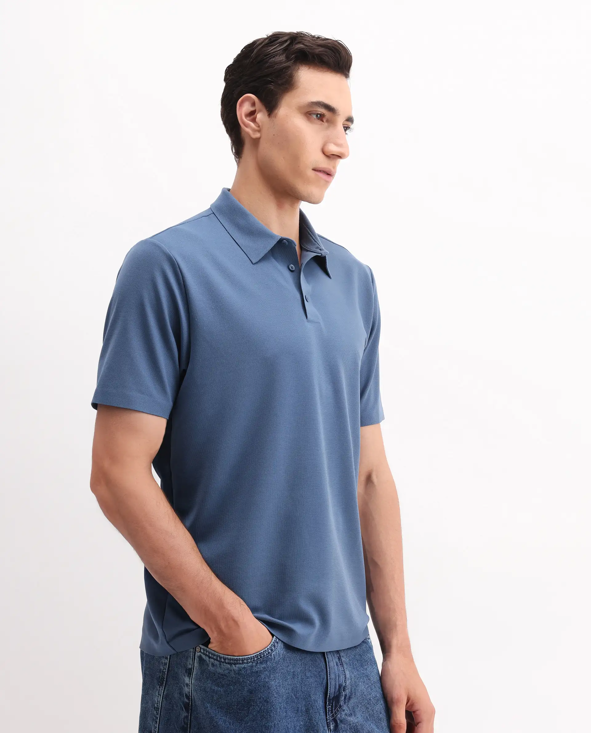 Rare Rabbit Men's Atticus Dusky Blue Nylon Plain Regular Fit Half Sleeve Polo - Image 6