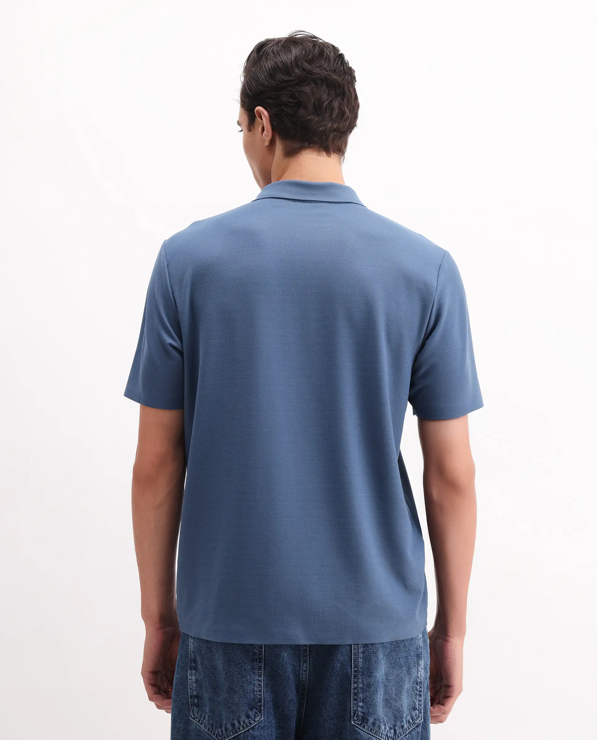 Rare Rabbit Men's Atticus Dusky Blue Nylon Plain Regular Fit Half Sleeve Polo - Image 7