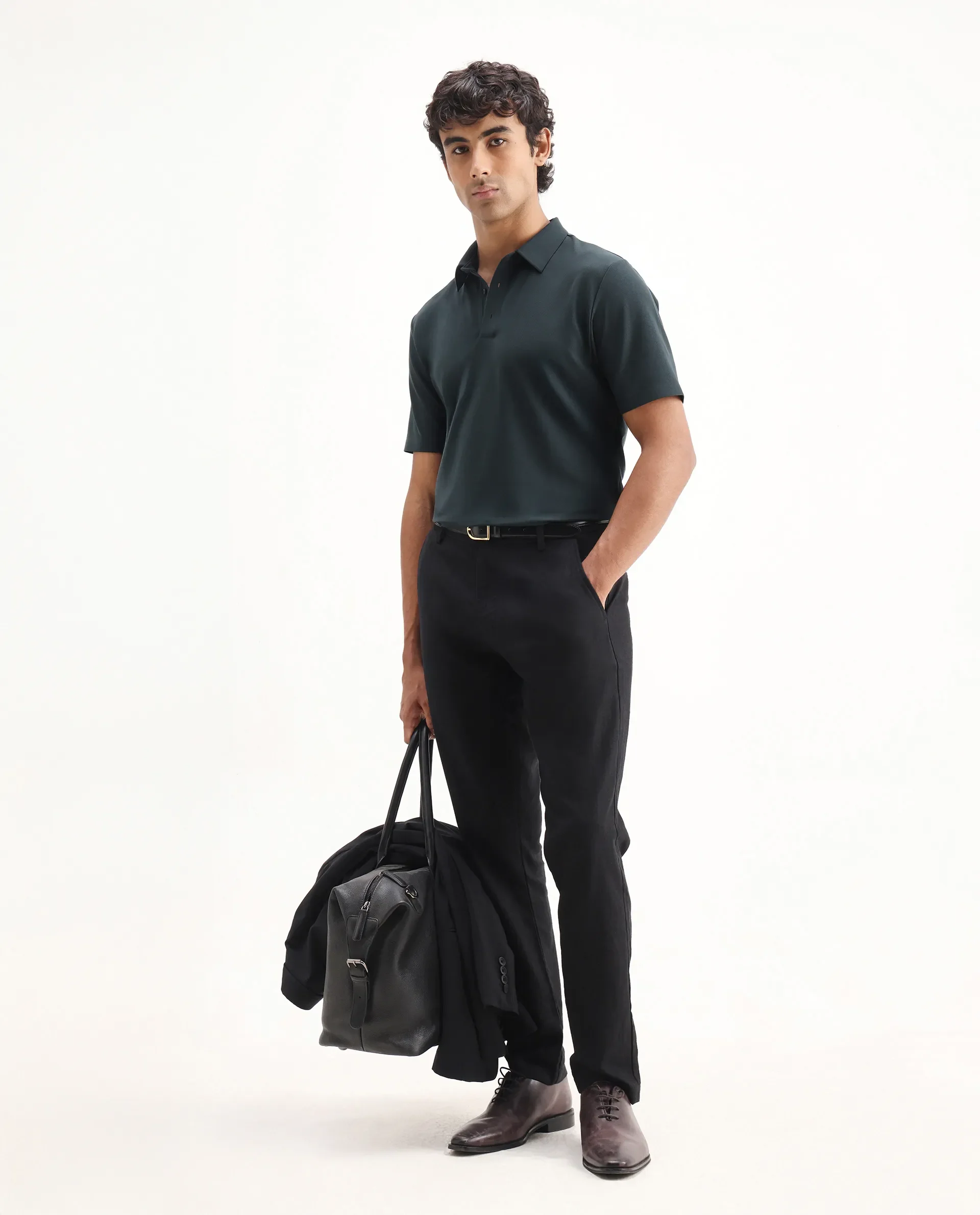 Rare Rabbit Men's Atticus Petrol Nylon Plain Regular Fit Half Sleeve Polo - Image 2