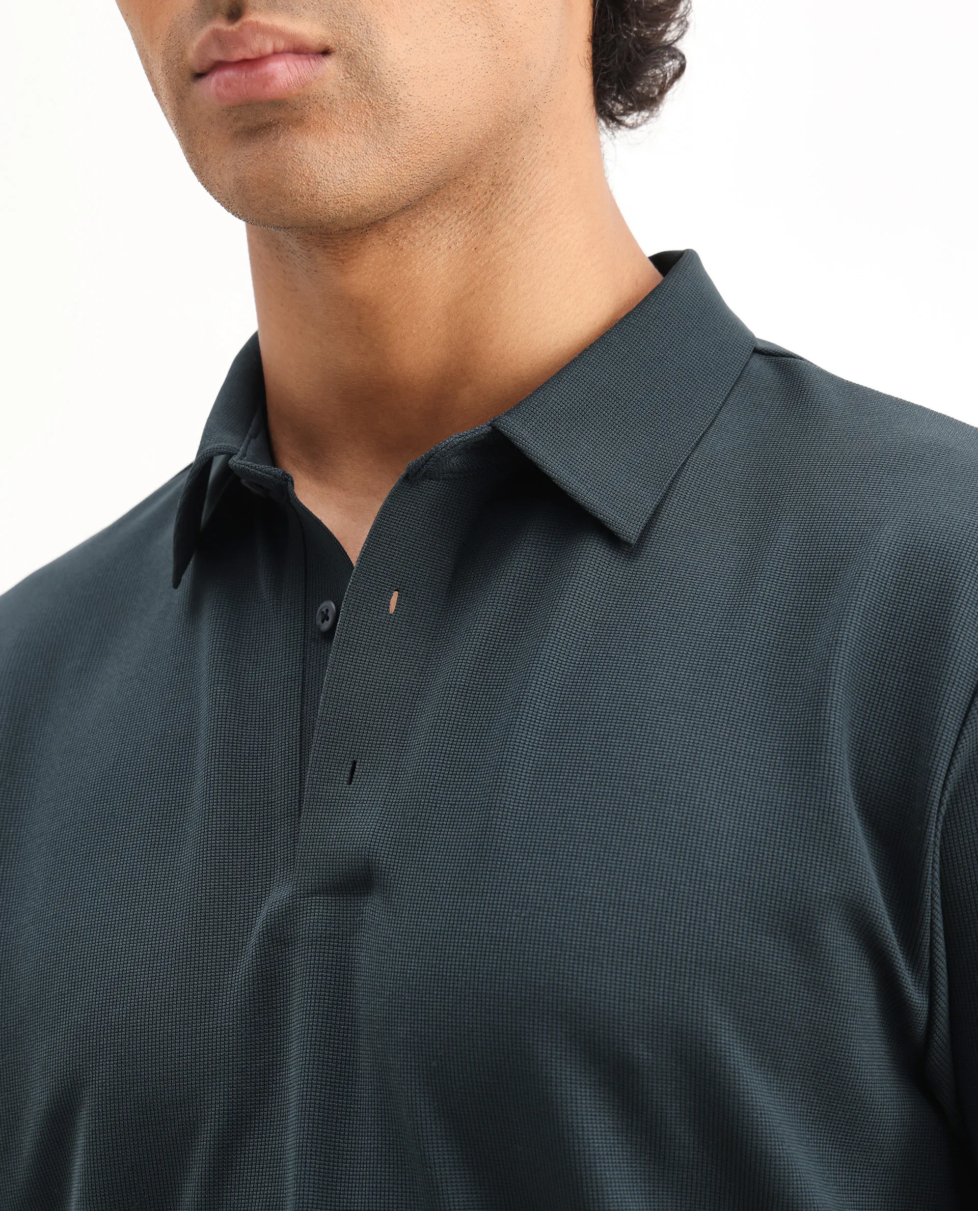 Rare Rabbit Men's Atticus Petrol Nylon Plain Regular Fit Half Sleeve Polo - Image 3