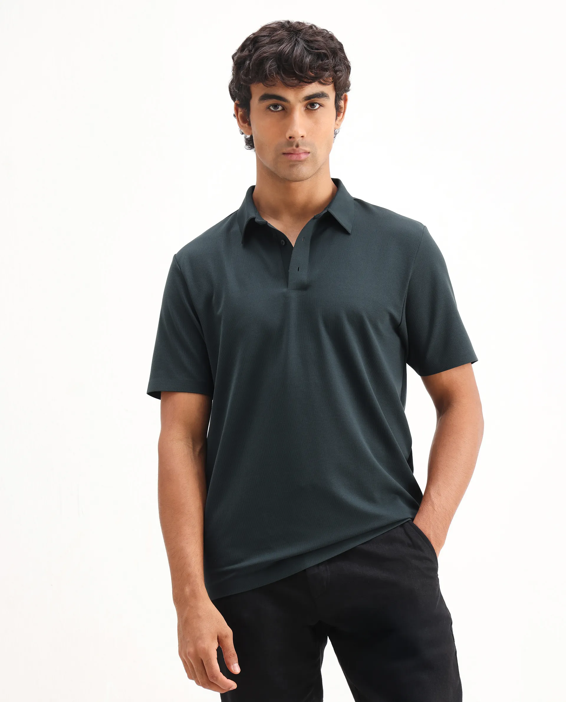 Rare Rabbit Men's Atticus Petrol Nylon Plain Regular Fit Half Sleeve Polo - Image 4