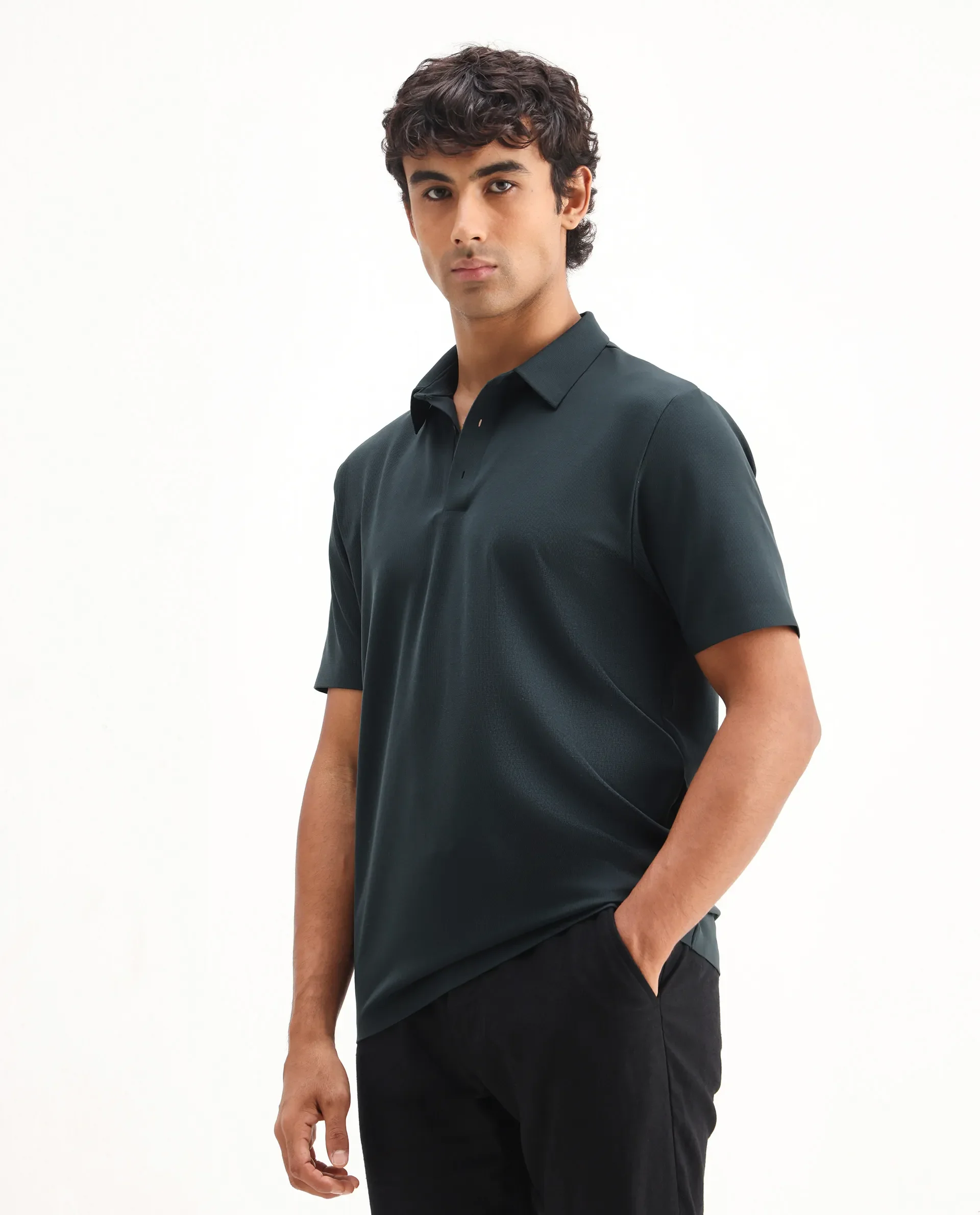 Rare Rabbit Men's Atticus Petrol Nylon Plain Regular Fit Half Sleeve Polo - Image 5
