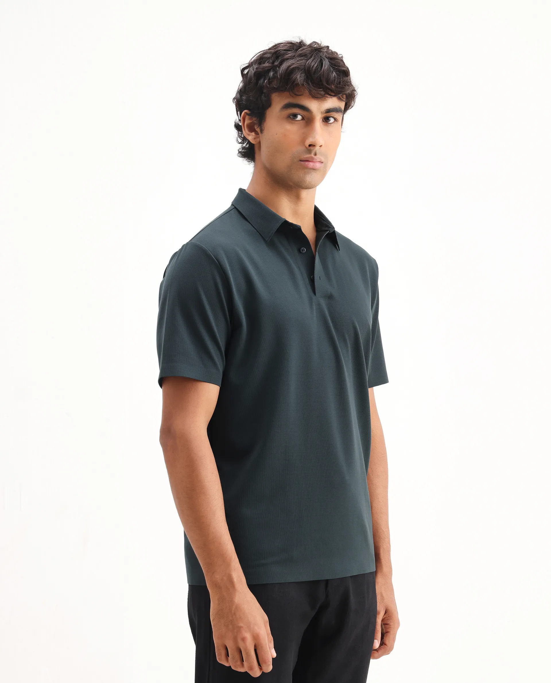 Rare Rabbit Men's Atticus Petrol Nylon Plain Regular Fit Half Sleeve Polo - Image 6