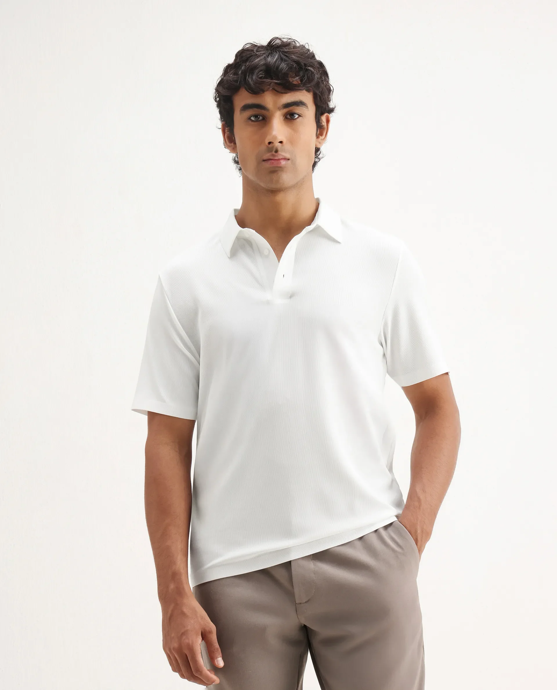 Rare Rabbit Men's Atticus White Nylon Plain Regular Fit Half Sleeve Polo - Image 4