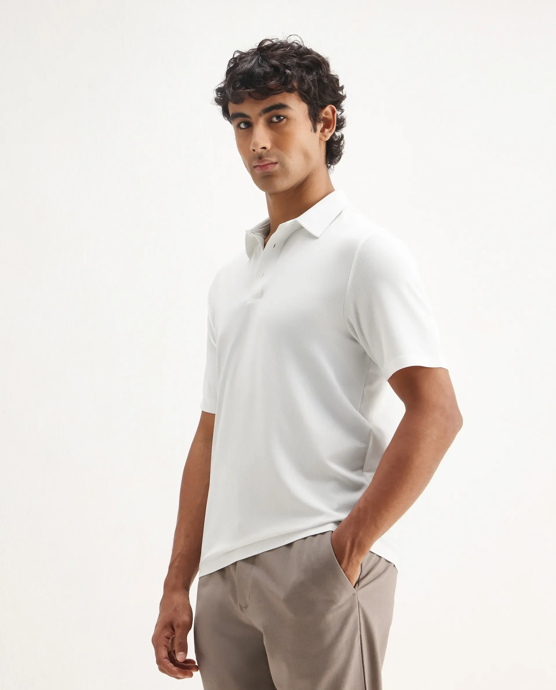 Rare Rabbit Men's Atticus White Nylon Plain Regular Fit Half Sleeve Polo - Image 5