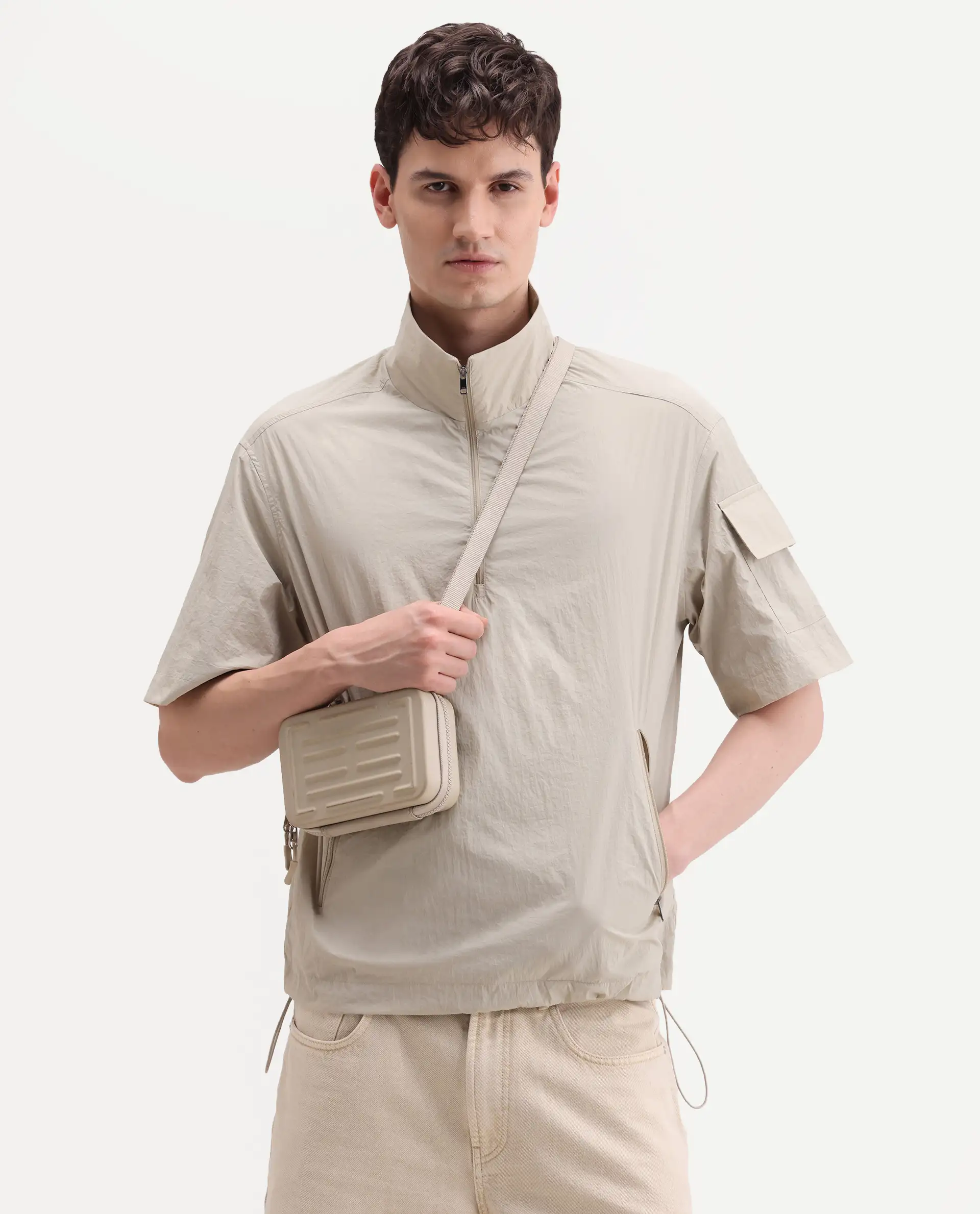Rare Rabbit Men's Atto Beige Nylon Fabric Half Sleeve Spread Collar Regular Fit Plain Polo