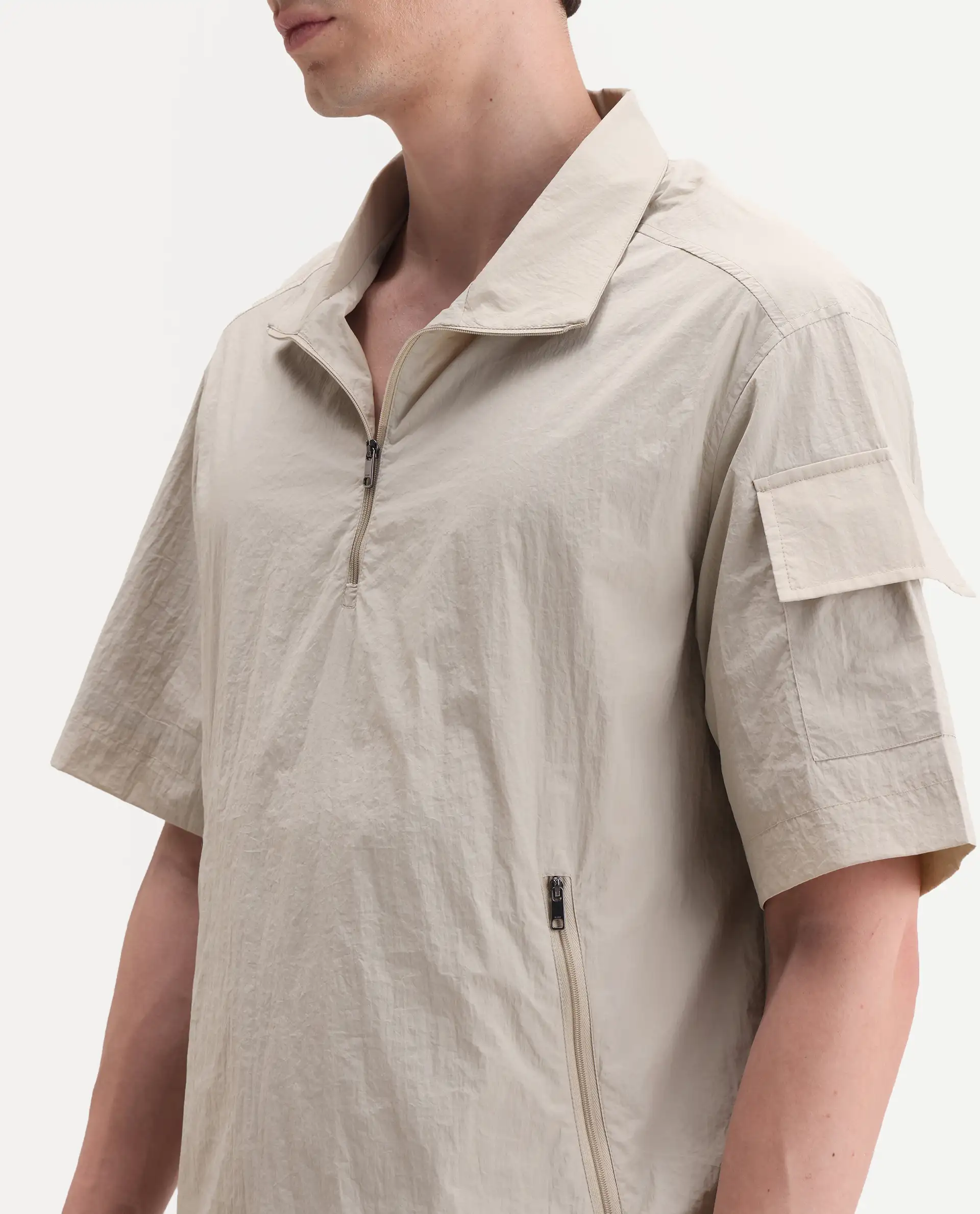 Rare Rabbit Men's Atto Beige Nylon Fabric Half Sleeve Spread Collar Regular Fit Plain Polo - Image 3