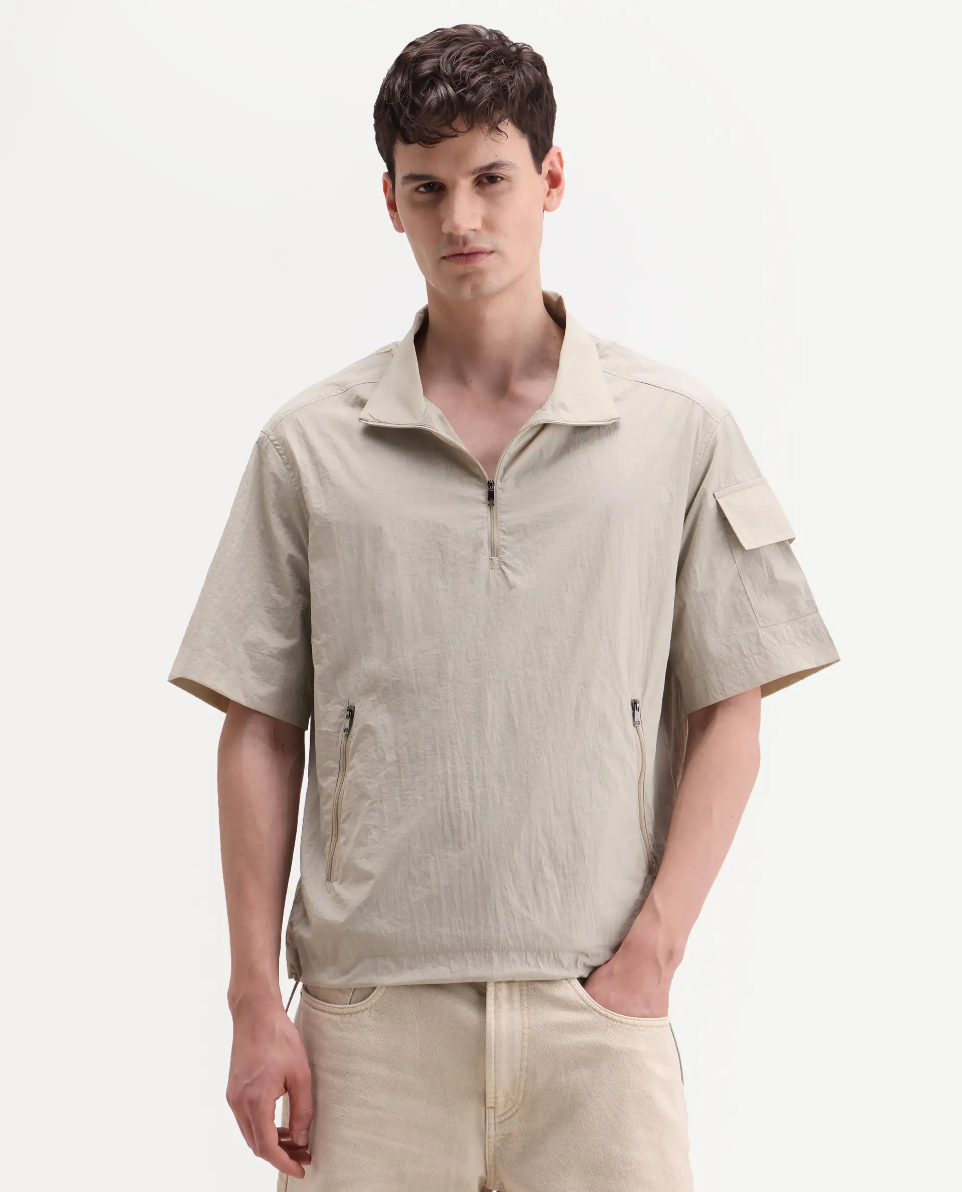 Rare Rabbit Men's Atto Beige Nylon Fabric Half Sleeve Spread Collar Regular Fit Plain Polo - Image 4