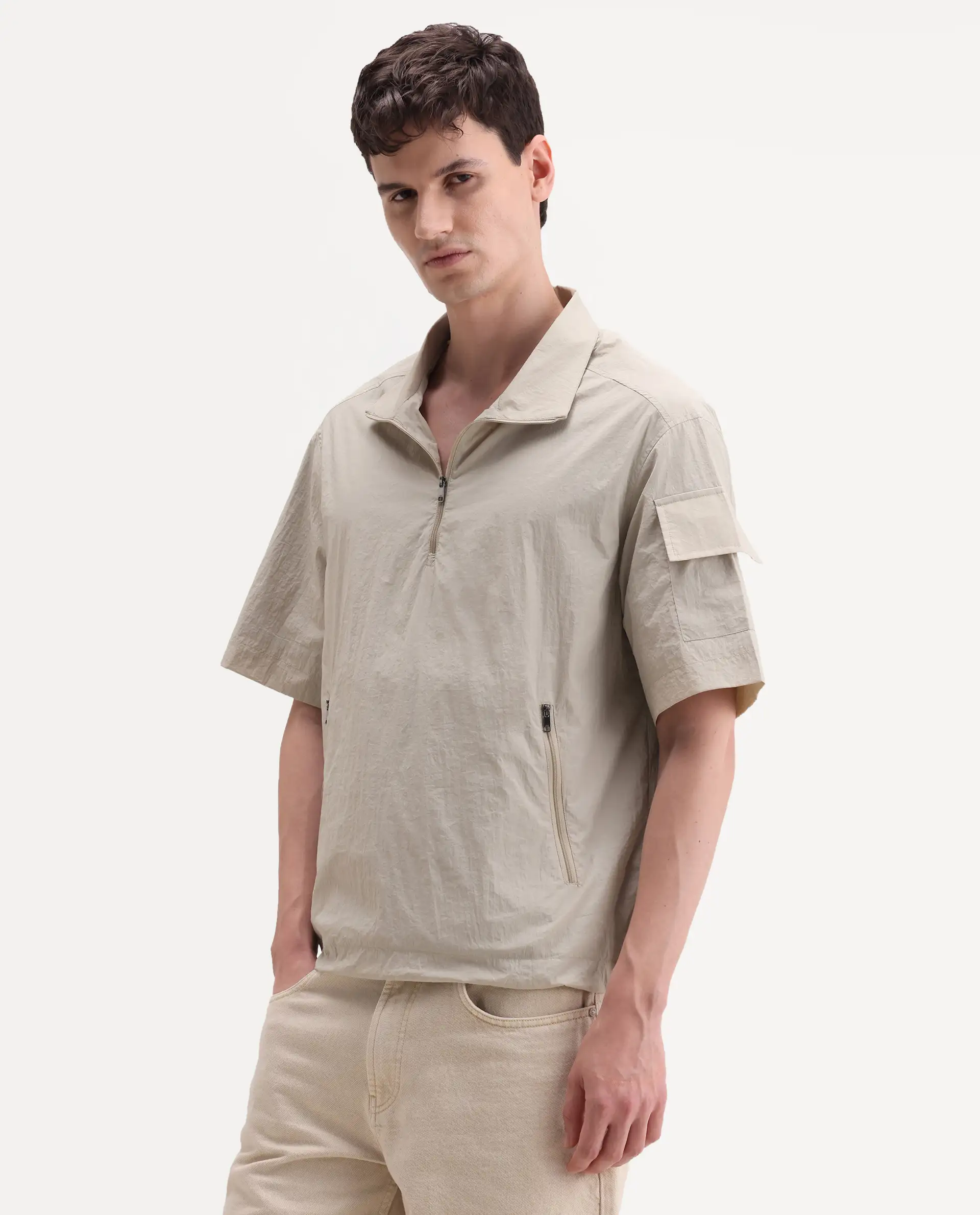 Rare Rabbit Men's Atto Beige Nylon Fabric Half Sleeve Spread Collar Regular Fit Plain Polo - Image 5