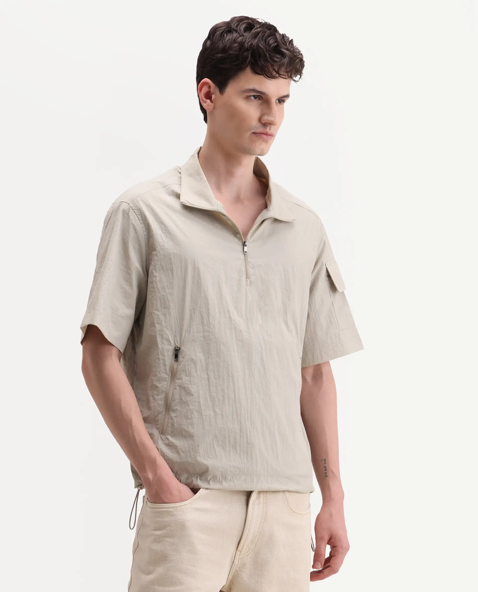 Rare Rabbit Men's Atto Beige Nylon Fabric Half Sleeve Spread Collar Regular Fit Plain Polo - Image 6