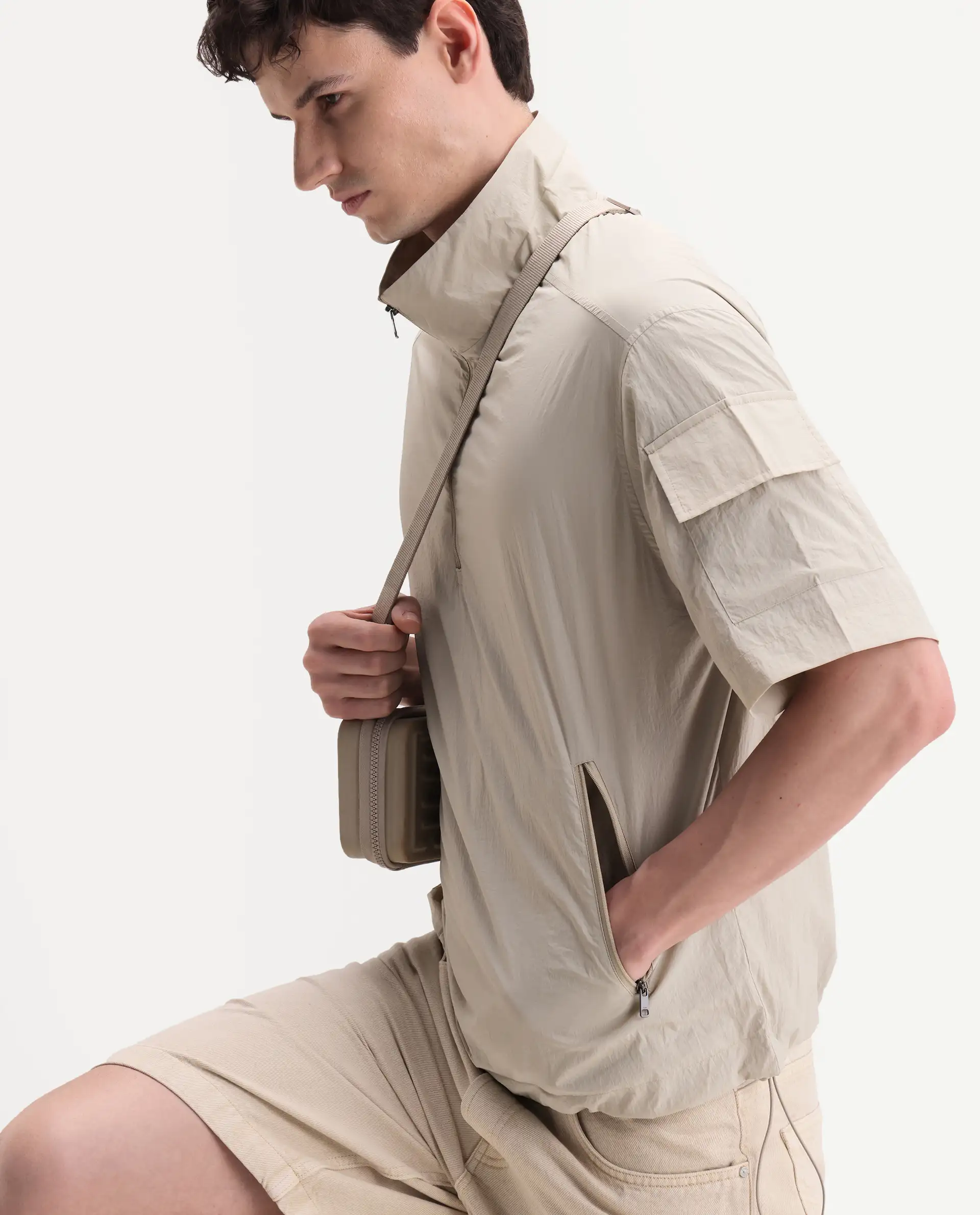 Rare Rabbit Men's Atto Beige Nylon Fabric Half Sleeve Spread Collar Regular Fit Plain Polo - Image 8