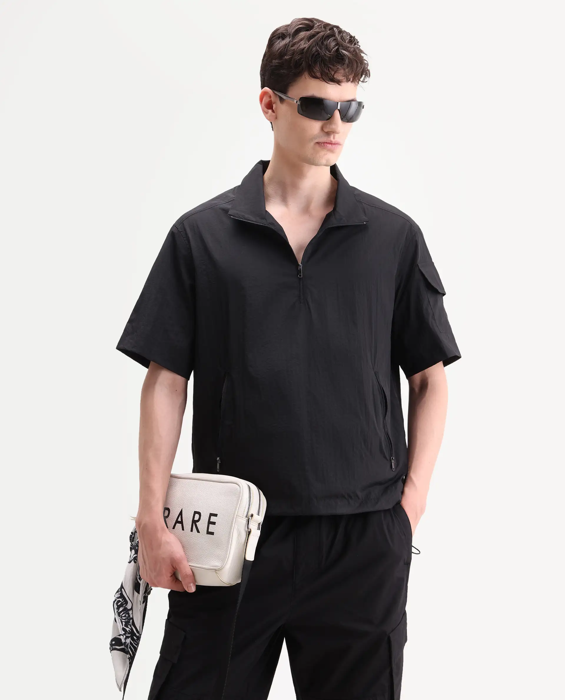 Rare Rabbit Men's Atto Black Nylon Fabric Half Sleeve Spread Collar Regular Fit Plain Polo