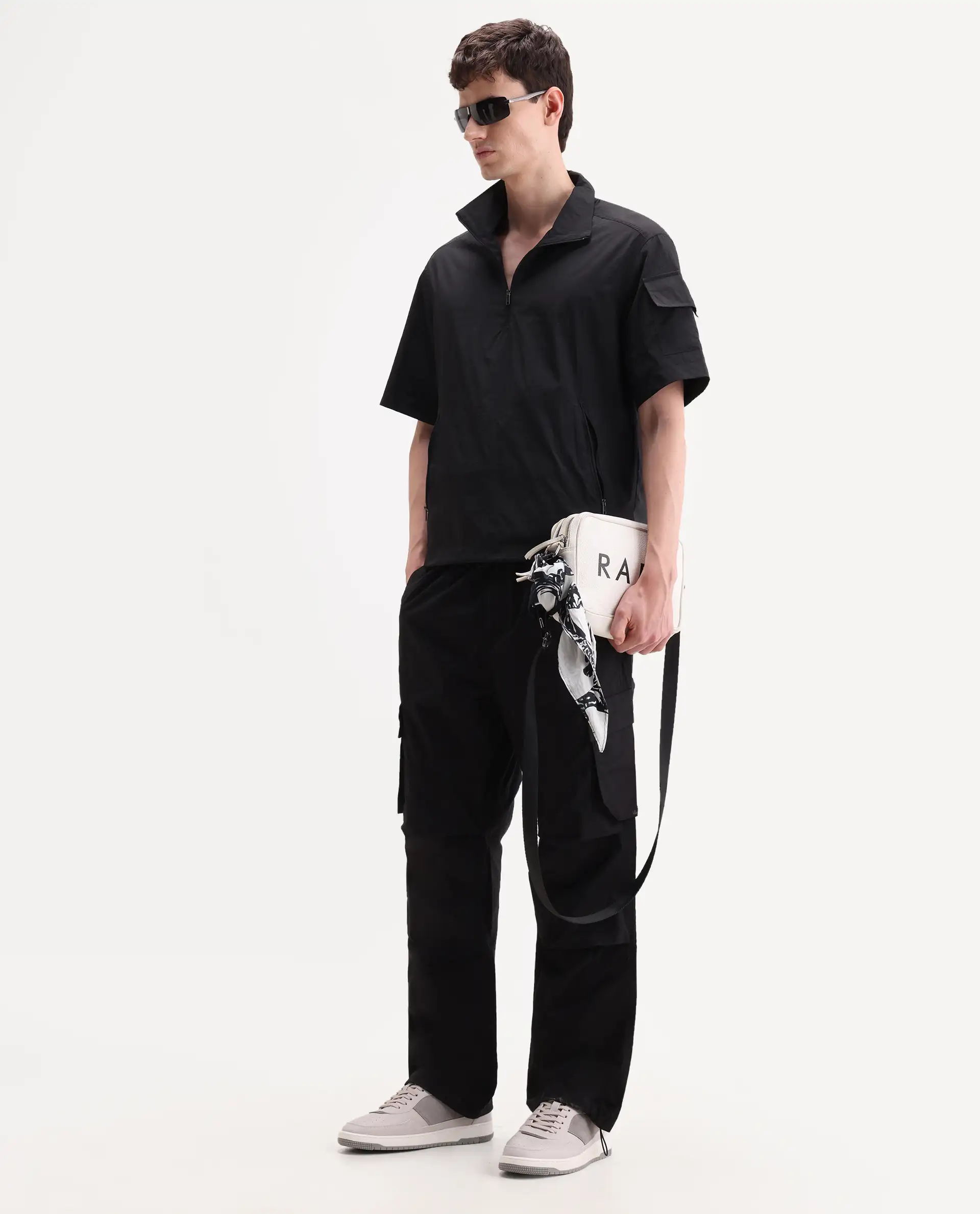 Rare Rabbit Men's Atto Black Nylon Fabric Half Sleeve Spread Collar Regular Fit Plain Polo - Image 2