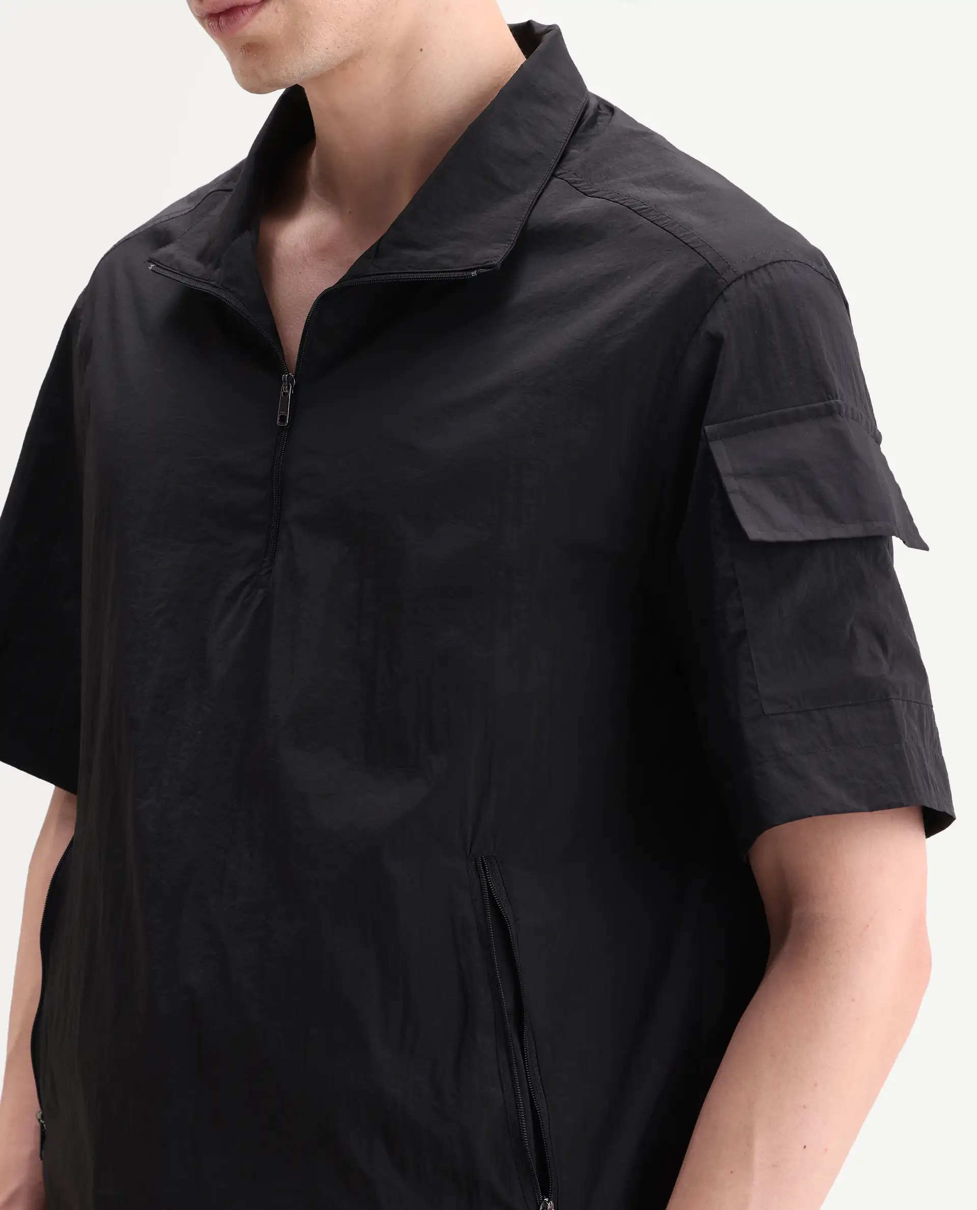 Rare Rabbit Men's Atto Black Nylon Fabric Half Sleeve Spread Collar Regular Fit Plain Polo - Image 3