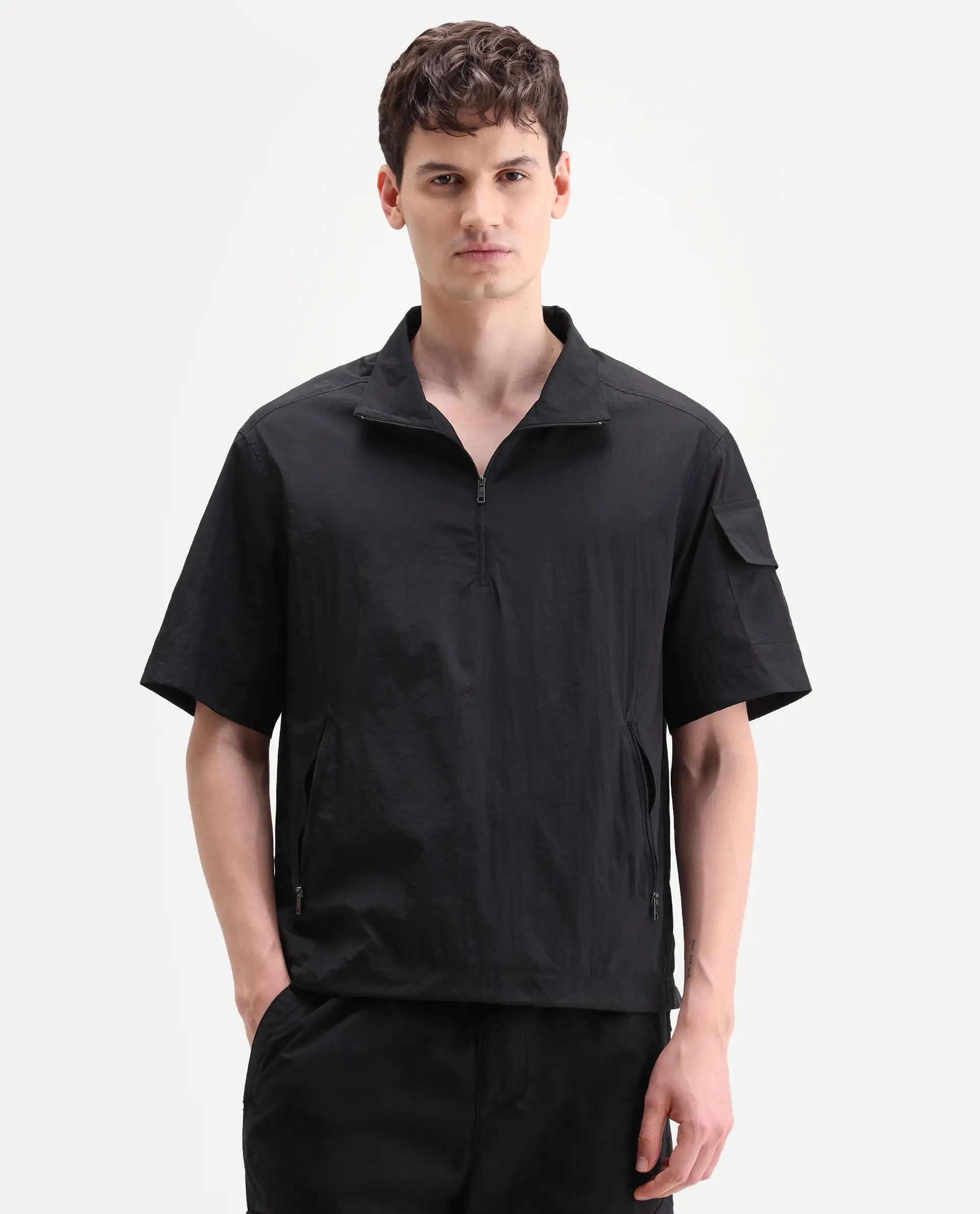 Rare Rabbit Men's Atto Black Nylon Fabric Half Sleeve Spread Collar Regular Fit Plain Polo - Image 4