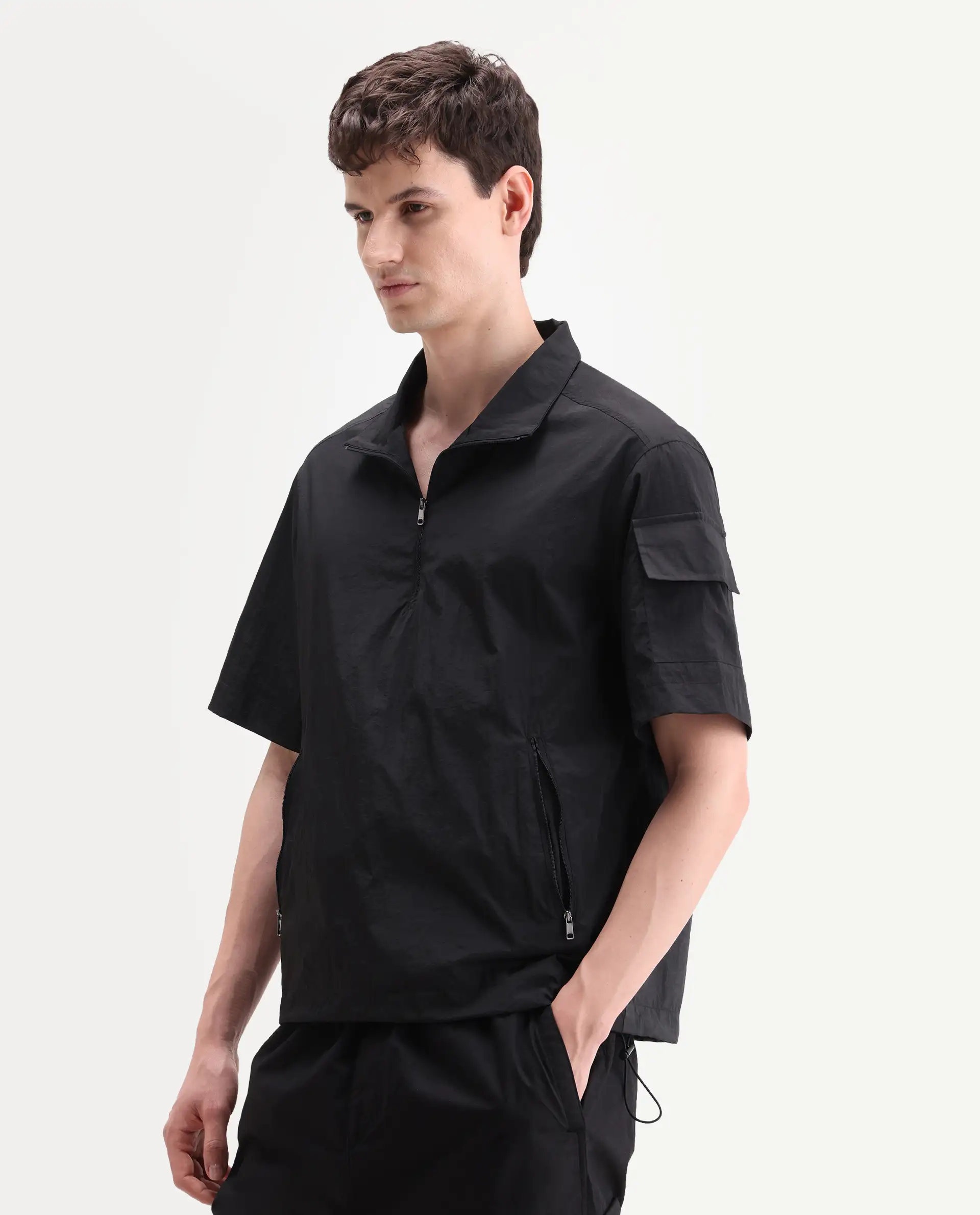 Rare Rabbit Men's Atto Black Nylon Fabric Half Sleeve Spread Collar Regular Fit Plain Polo - Image 5