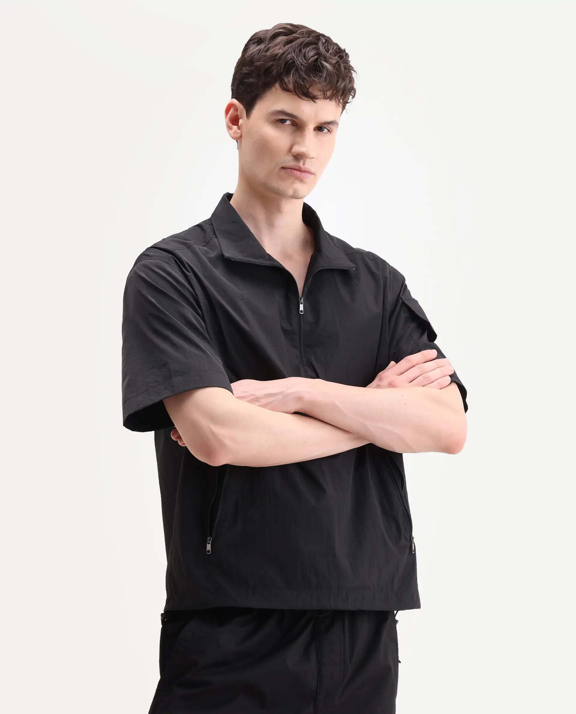 Rare Rabbit Men's Atto Black Nylon Fabric Half Sleeve Spread Collar Regular Fit Plain Polo - Image 6