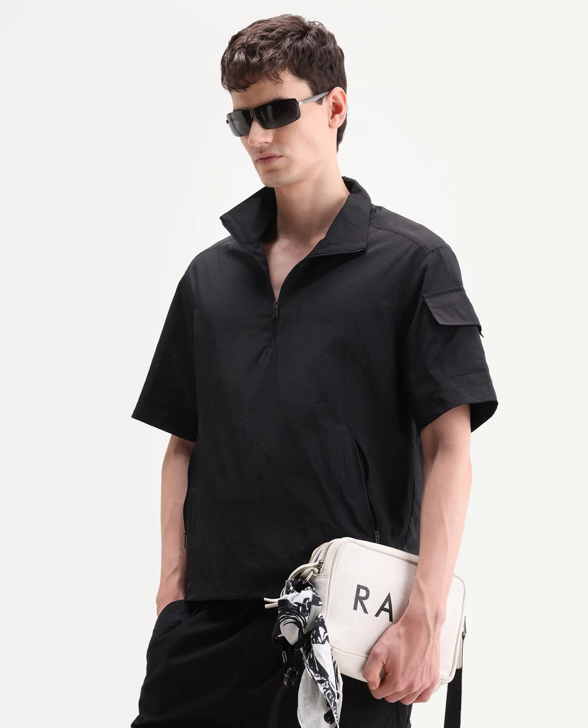 Rare Rabbit Men's Atto Black Nylon Fabric Half Sleeve Spread Collar Regular Fit Plain Polo - Image 7