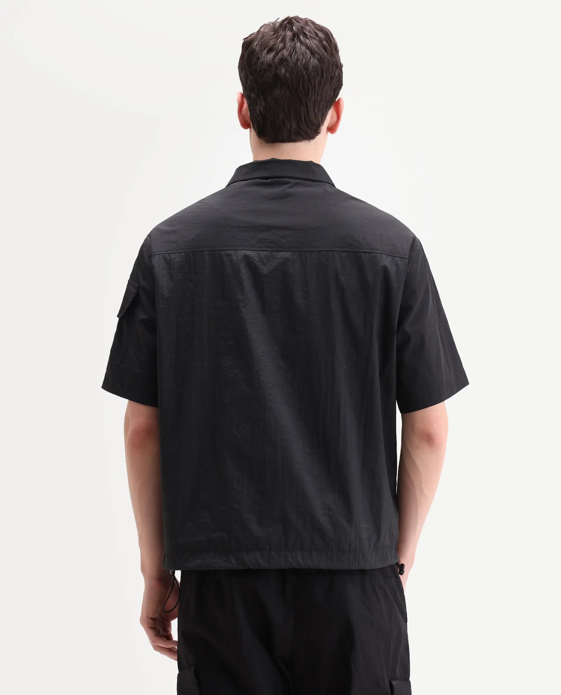 Rare Rabbit Men's Atto Black Nylon Fabric Half Sleeve Spread Collar Regular Fit Plain Polo - Image 8