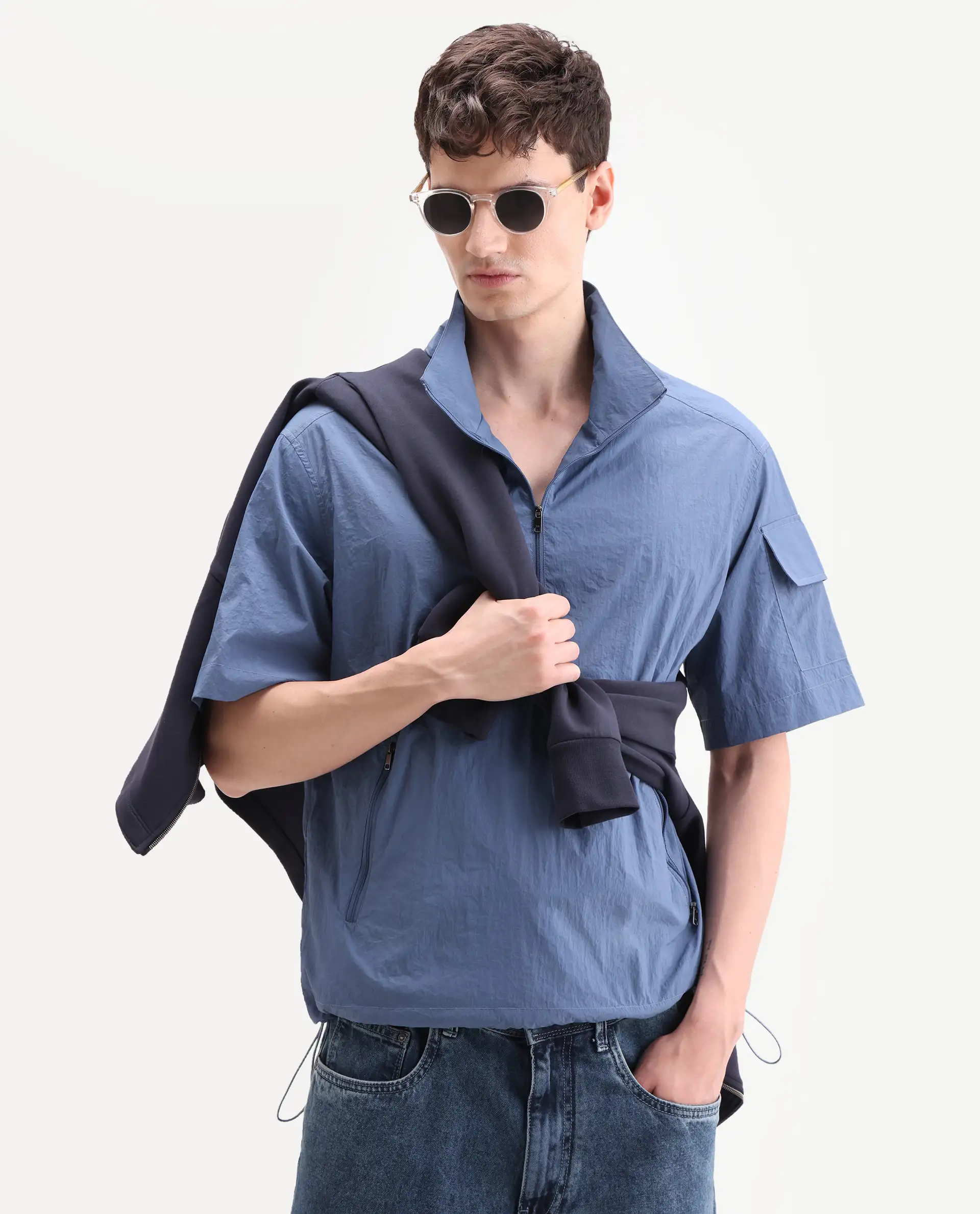 Rare Rabbit Men's Atto Blue Nylon Fabric Half Sleeve Spread Collar Regular Fit Plain Polo
