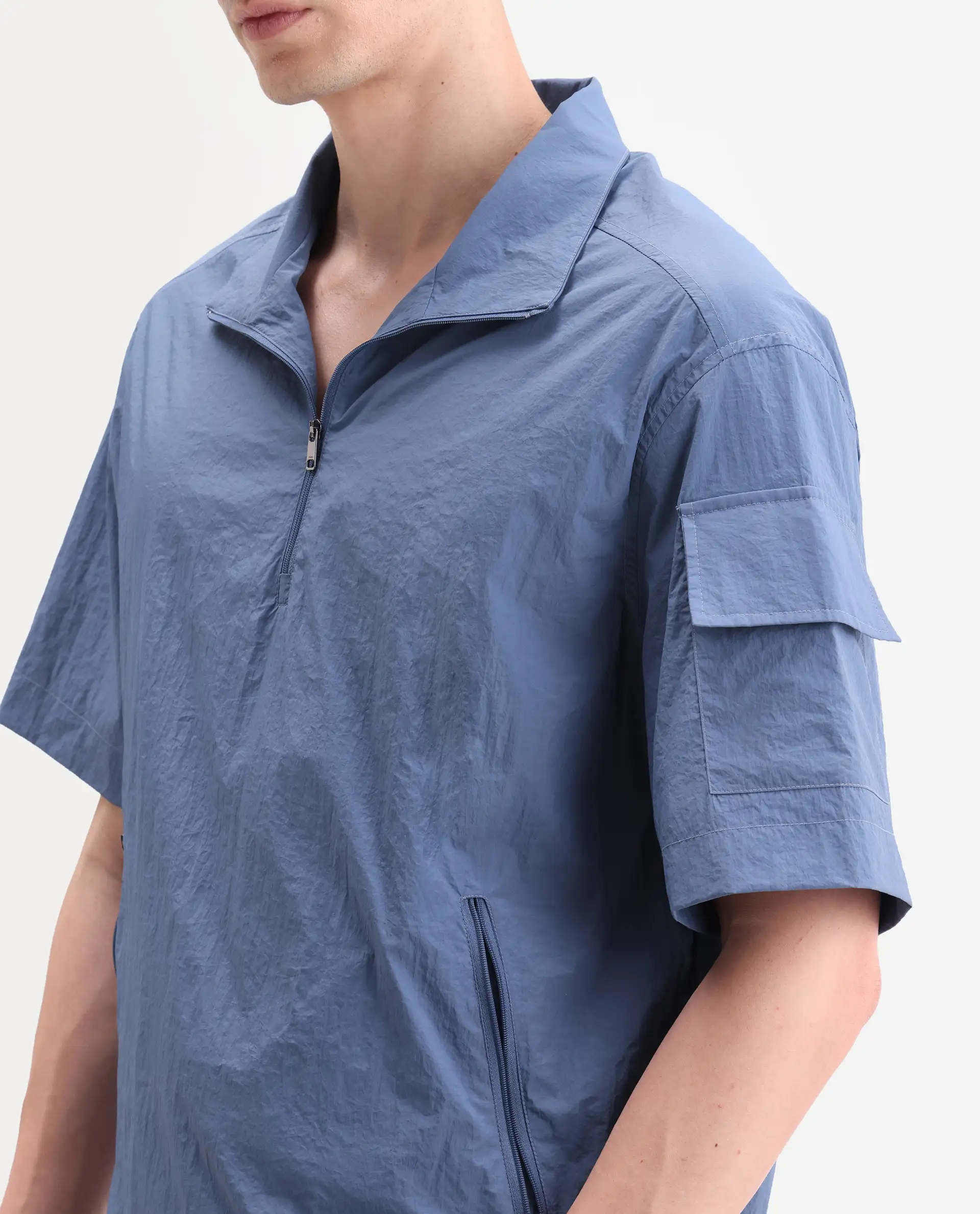 Rare Rabbit Men's Atto Blue Nylon Fabric Half Sleeve Spread Collar Regular Fit Plain Polo - Image 3