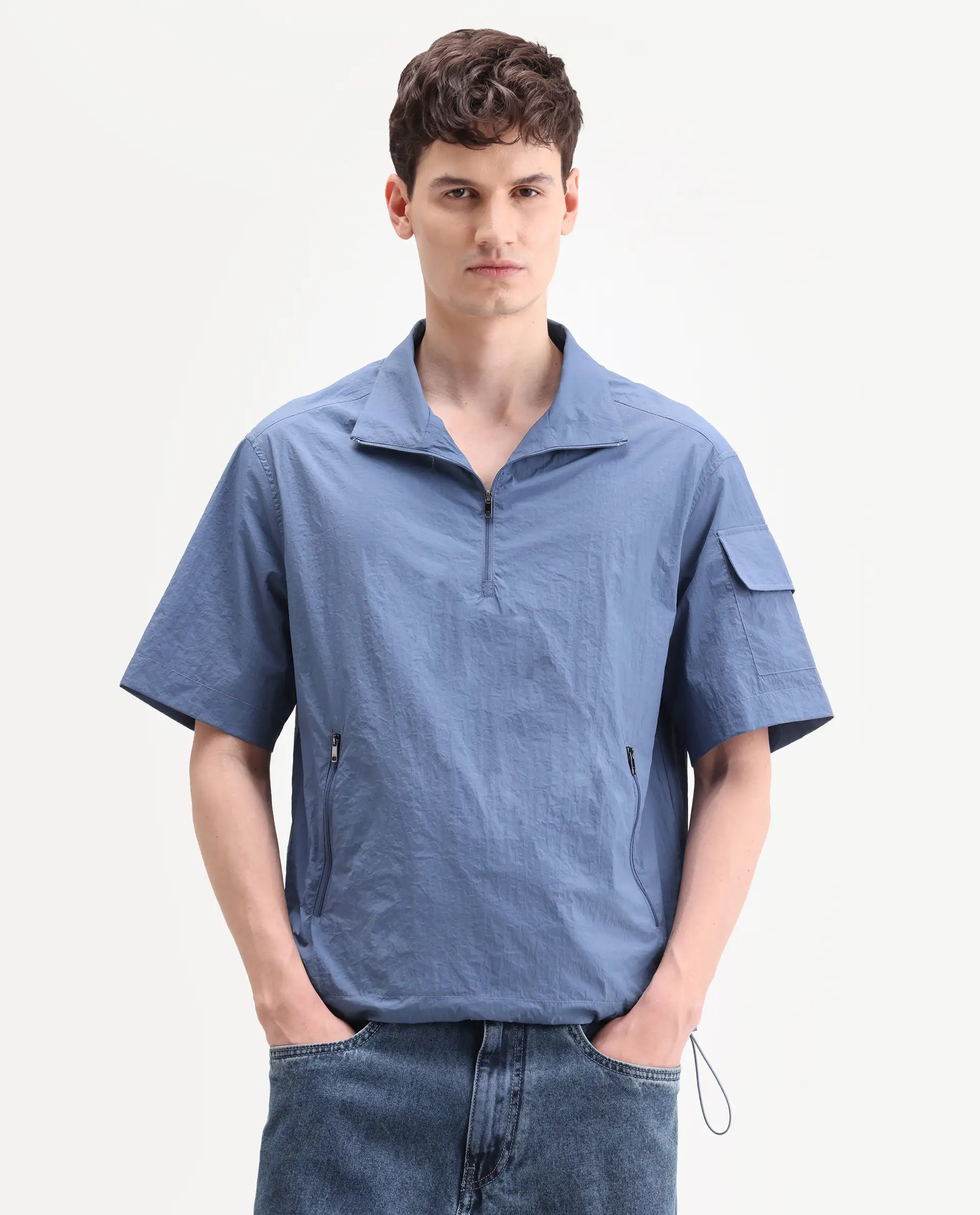 Rare Rabbit Men's Atto Blue Nylon Fabric Half Sleeve Spread Collar Regular Fit Plain Polo - Image 4
