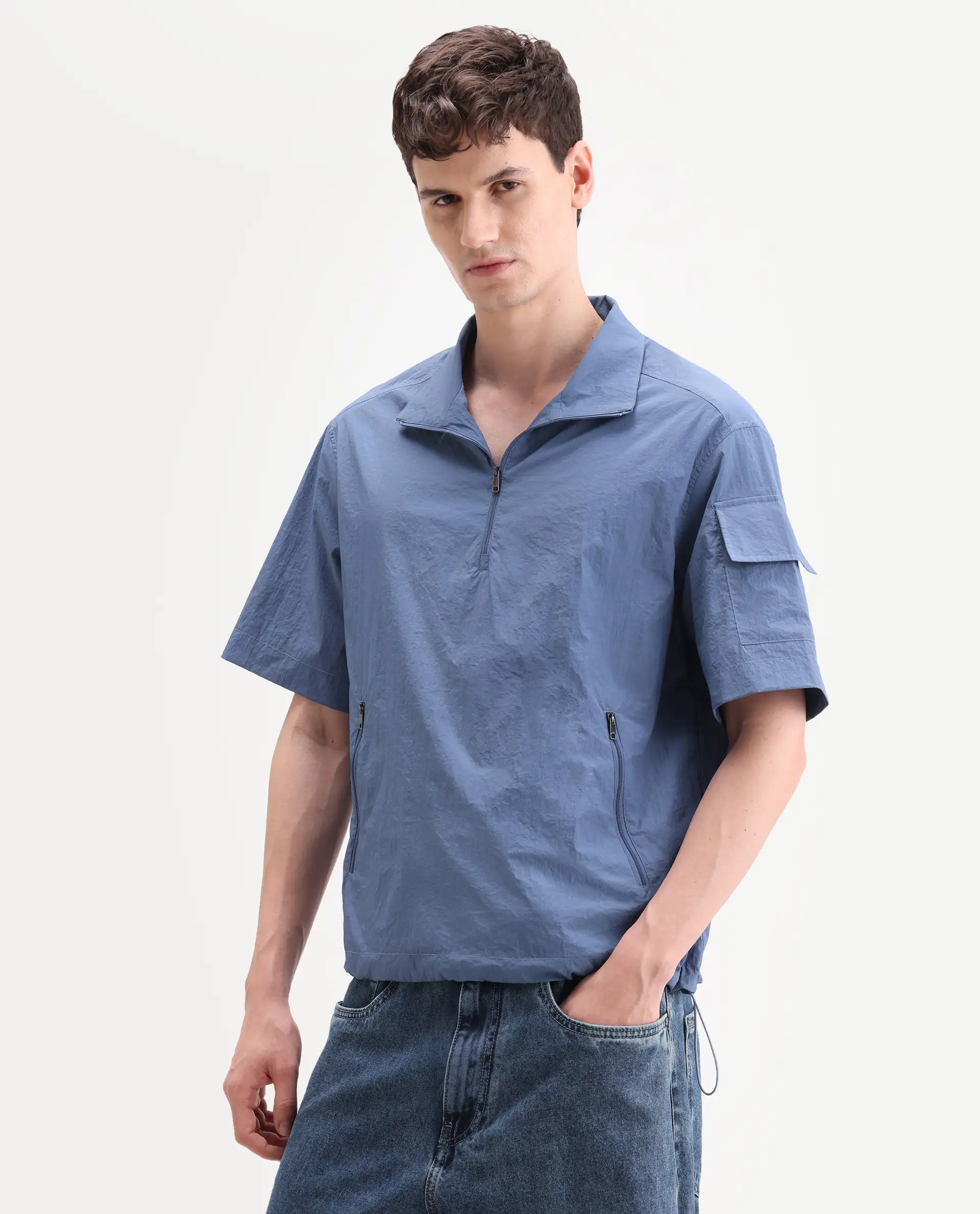 Rare Rabbit Men's Atto Blue Nylon Fabric Half Sleeve Spread Collar Regular Fit Plain Polo - Image 5