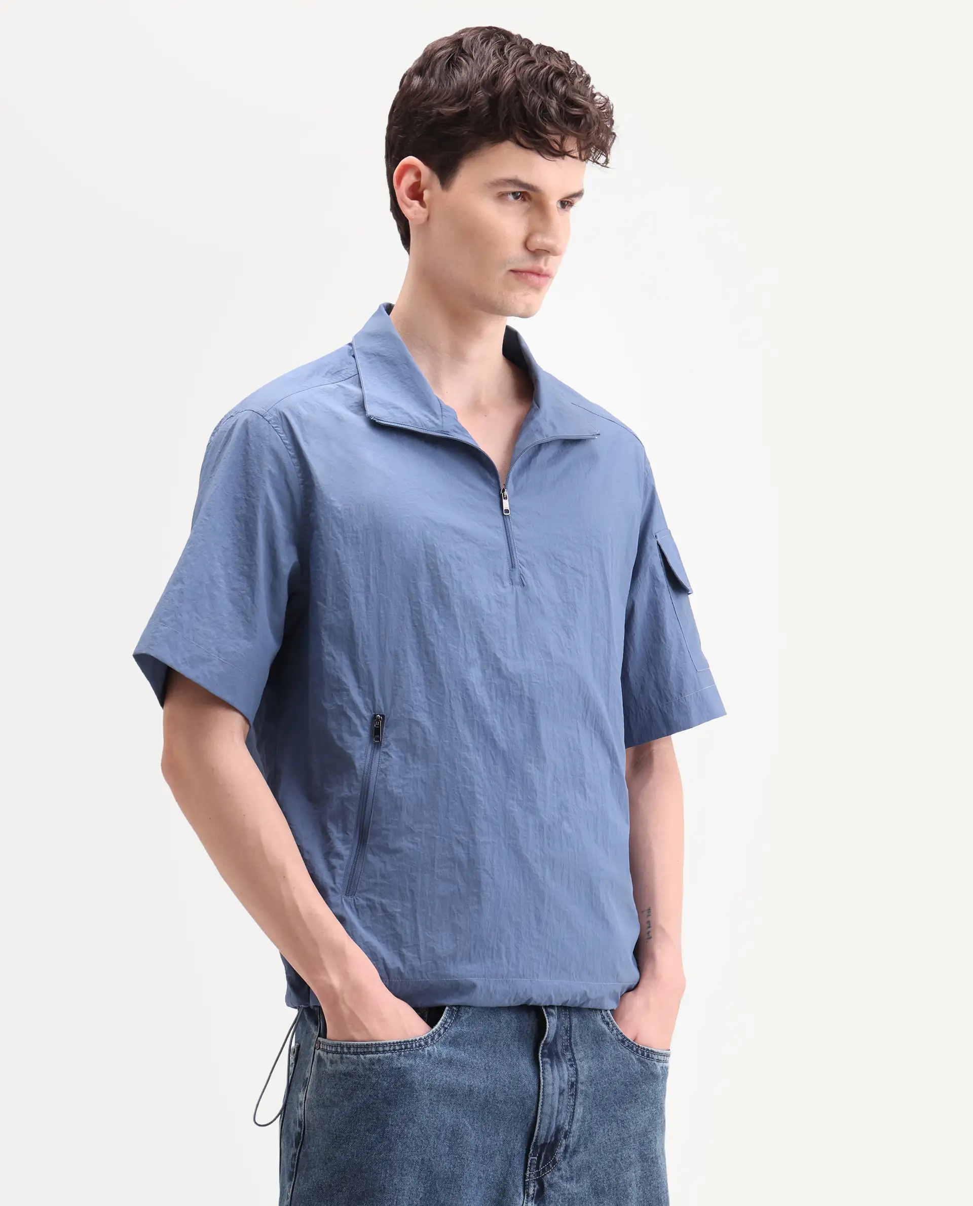 Rare Rabbit Men's Atto Blue Nylon Fabric Half Sleeve Spread Collar Regular Fit Plain Polo - Image 6