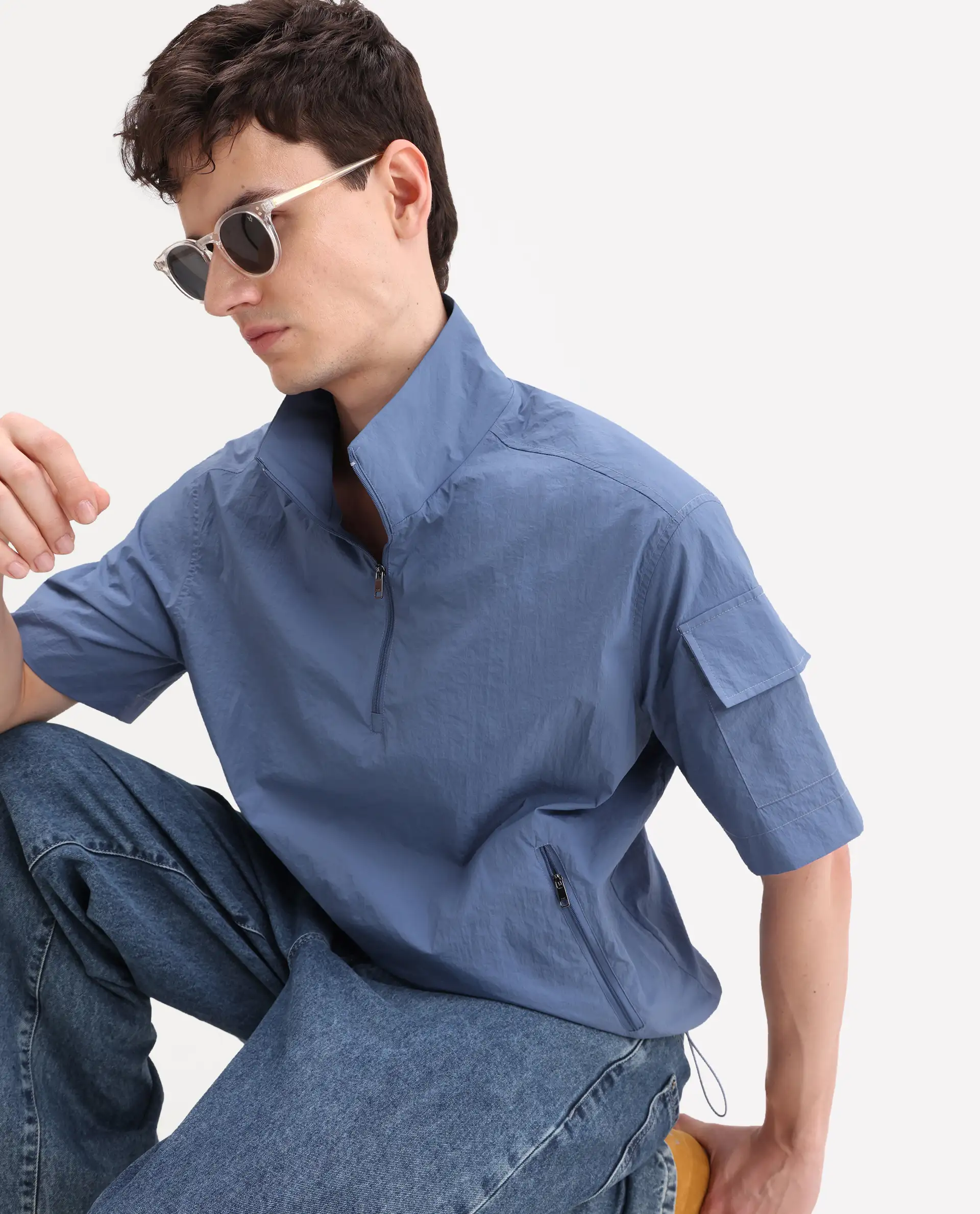 Rare Rabbit Men's Atto Blue Nylon Fabric Half Sleeve Spread Collar Regular Fit Plain Polo - Image 7