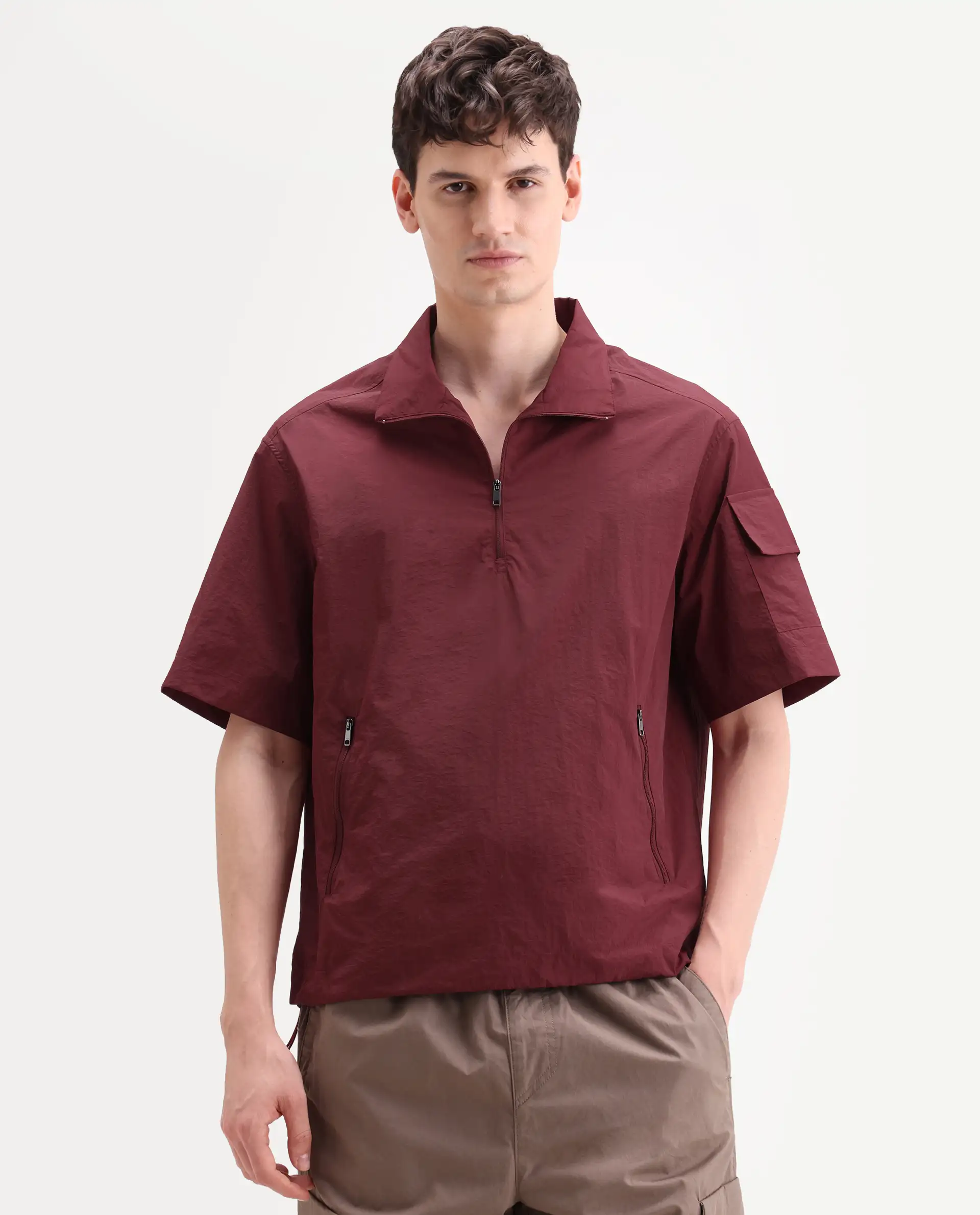 Rare Rabbit Men's Atto Red Nylon Fabric Half Sleeve Spread Collar Regular Fit Plain Polo - Image 4