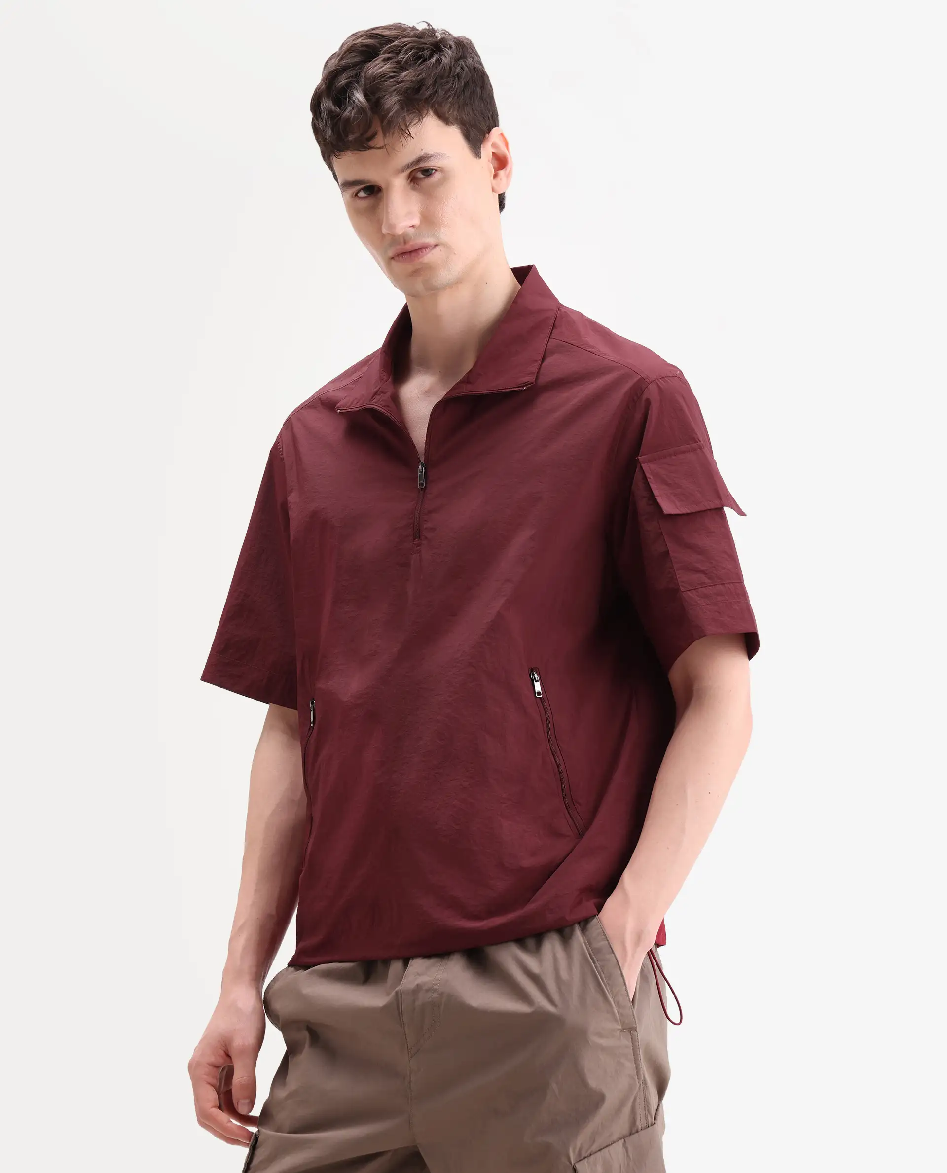 Rare Rabbit Men's Atto Red Nylon Fabric Half Sleeve Spread Collar Regular Fit Plain Polo - Image 5