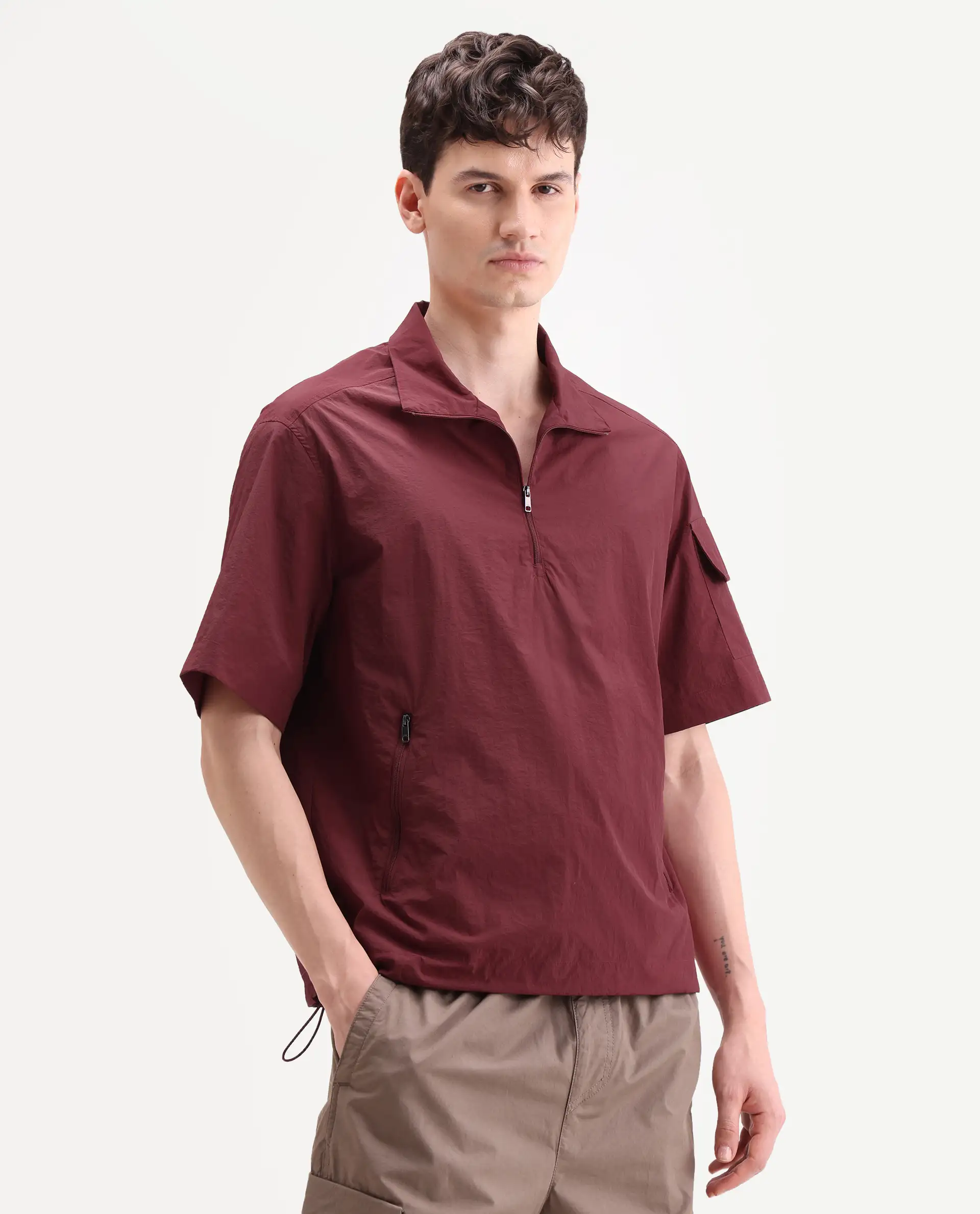Rare Rabbit Men's Atto Red Nylon Fabric Half Sleeve Spread Collar Regular Fit Plain Polo - Image 6