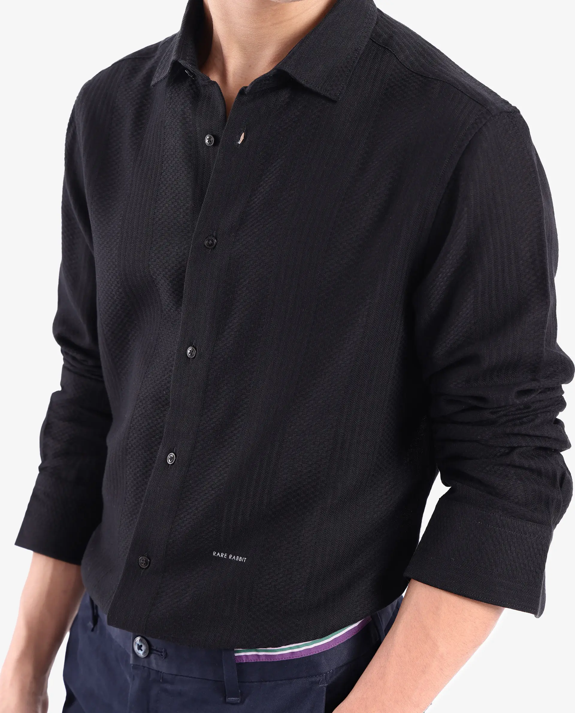 Rare Rabbit Men's Aube Black Cotton Plain Regular Fit Full Sleeve Collared Shirt - Image 2