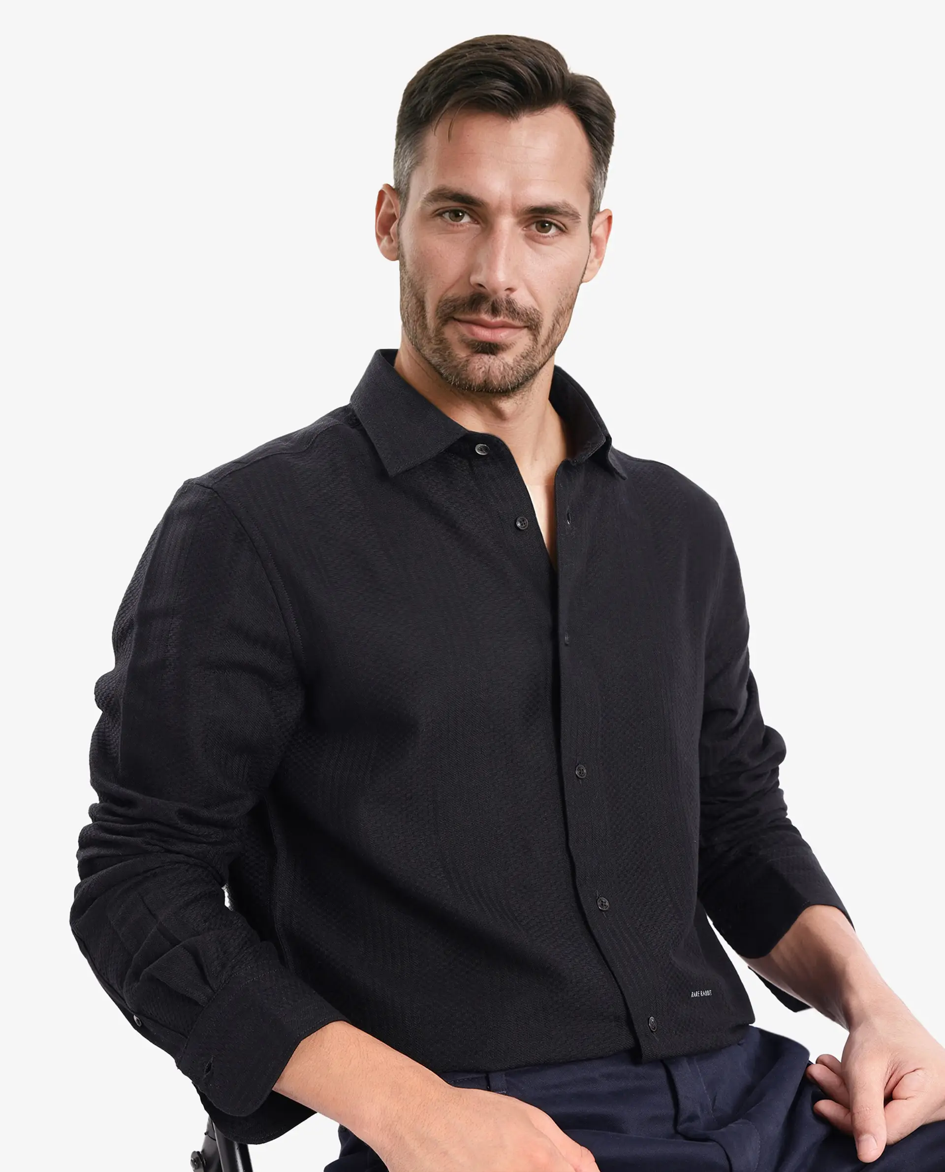 Rare Rabbit Men's Aube Black Cotton Plain Regular Fit Full Sleeve Collared Shirt - Image 5