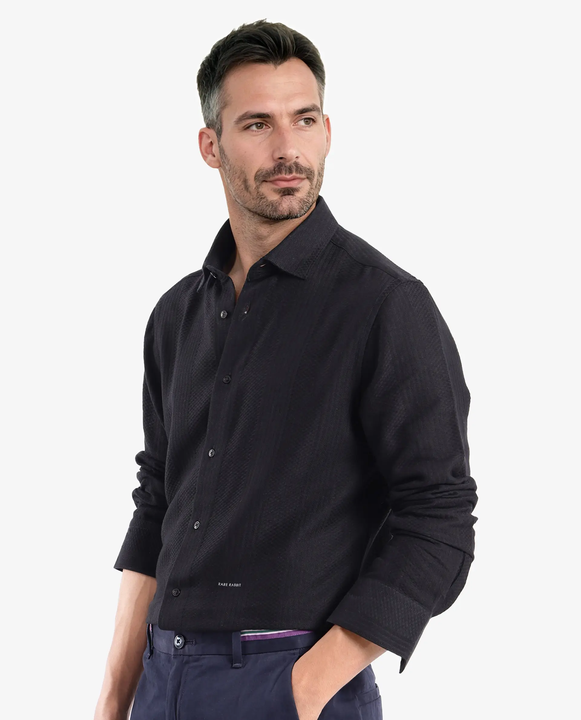 Rare Rabbit Men's Aube Black Cotton Plain Regular Fit Full Sleeve Collared Shirt - Image 6
