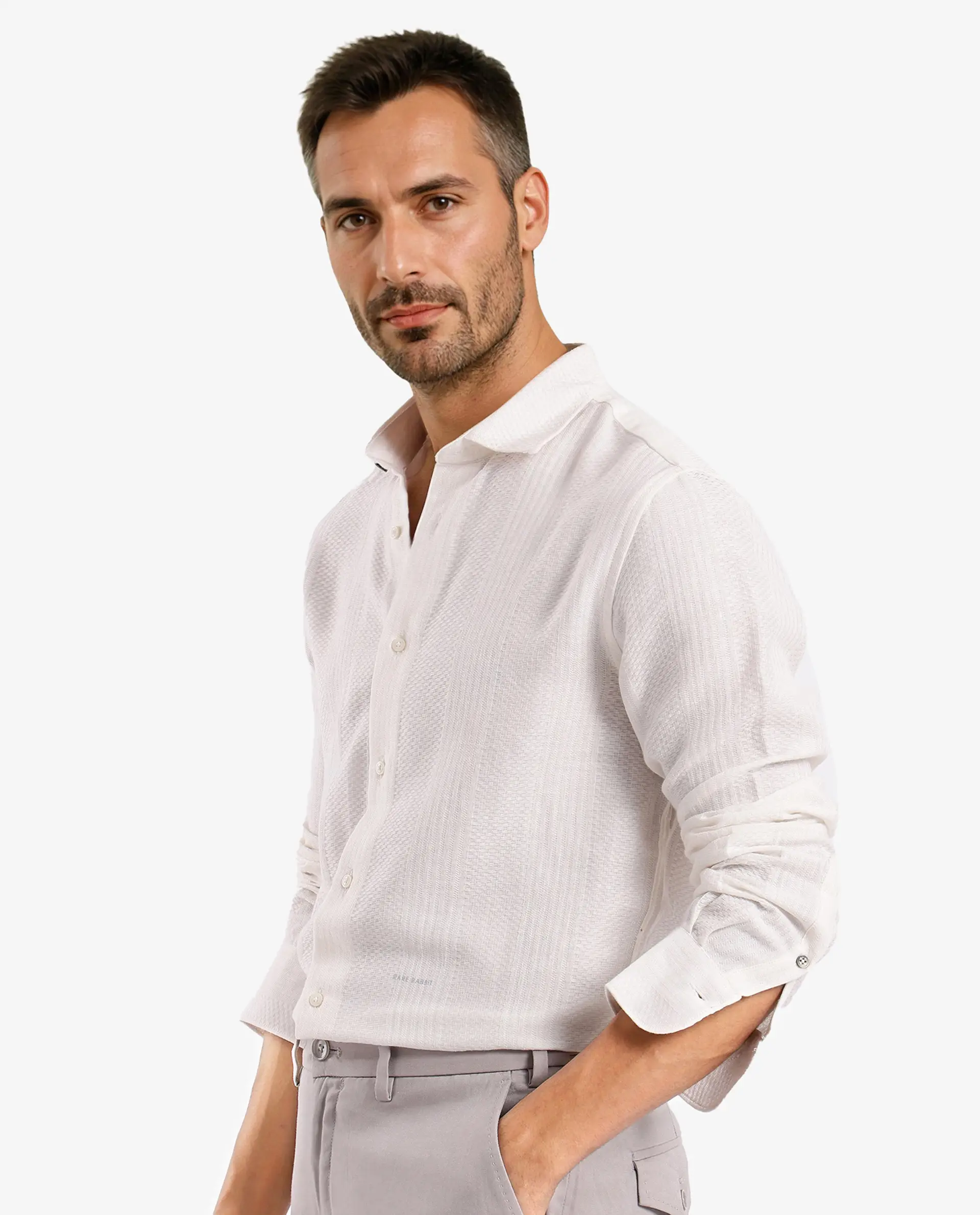 Rare Rabbit Men's Aube Off White Cotton Plain Regular Fit Full Sleeve Collared Shirt - Image 5