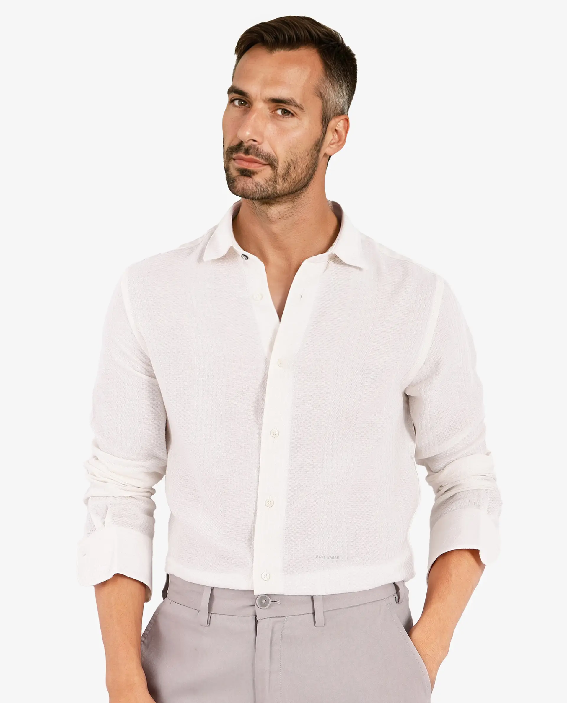 Rare Rabbit Men's Aube Off White Cotton Plain Regular Fit Full Sleeve Collared Shirt - Image 7