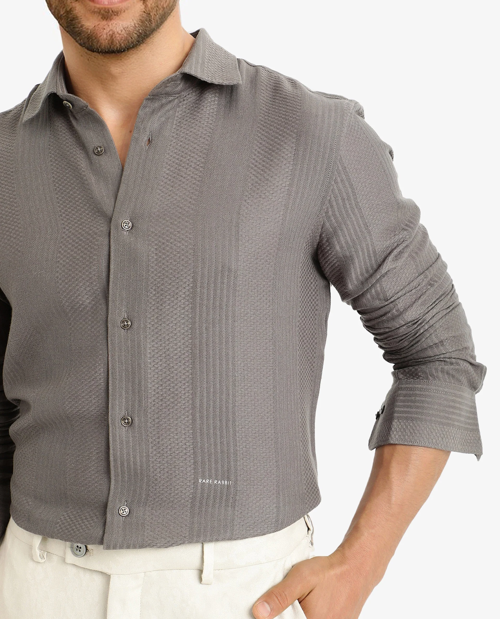 Rare Rabbit Men's Aube Olive Cotton Textured Regular Fit Full Sleeve Collared Shirt - Image 2