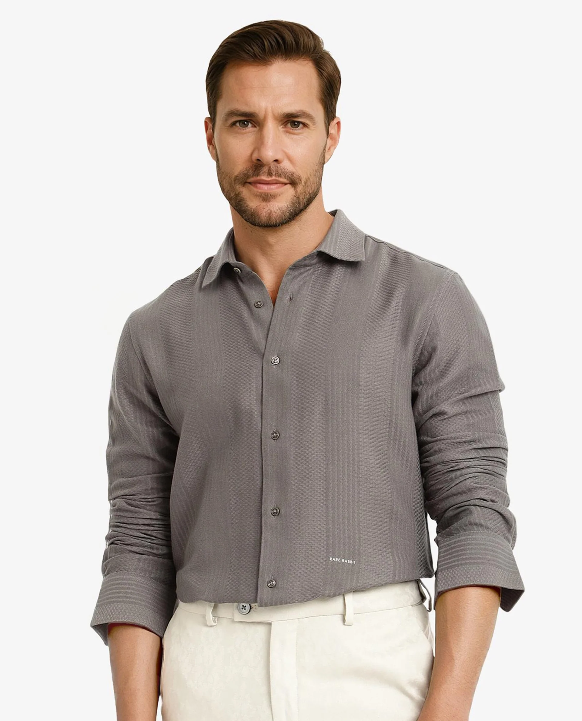 Rare Rabbit Men's Aube Olive Cotton Textured Regular Fit Full Sleeve Collared Shirt - Image 5