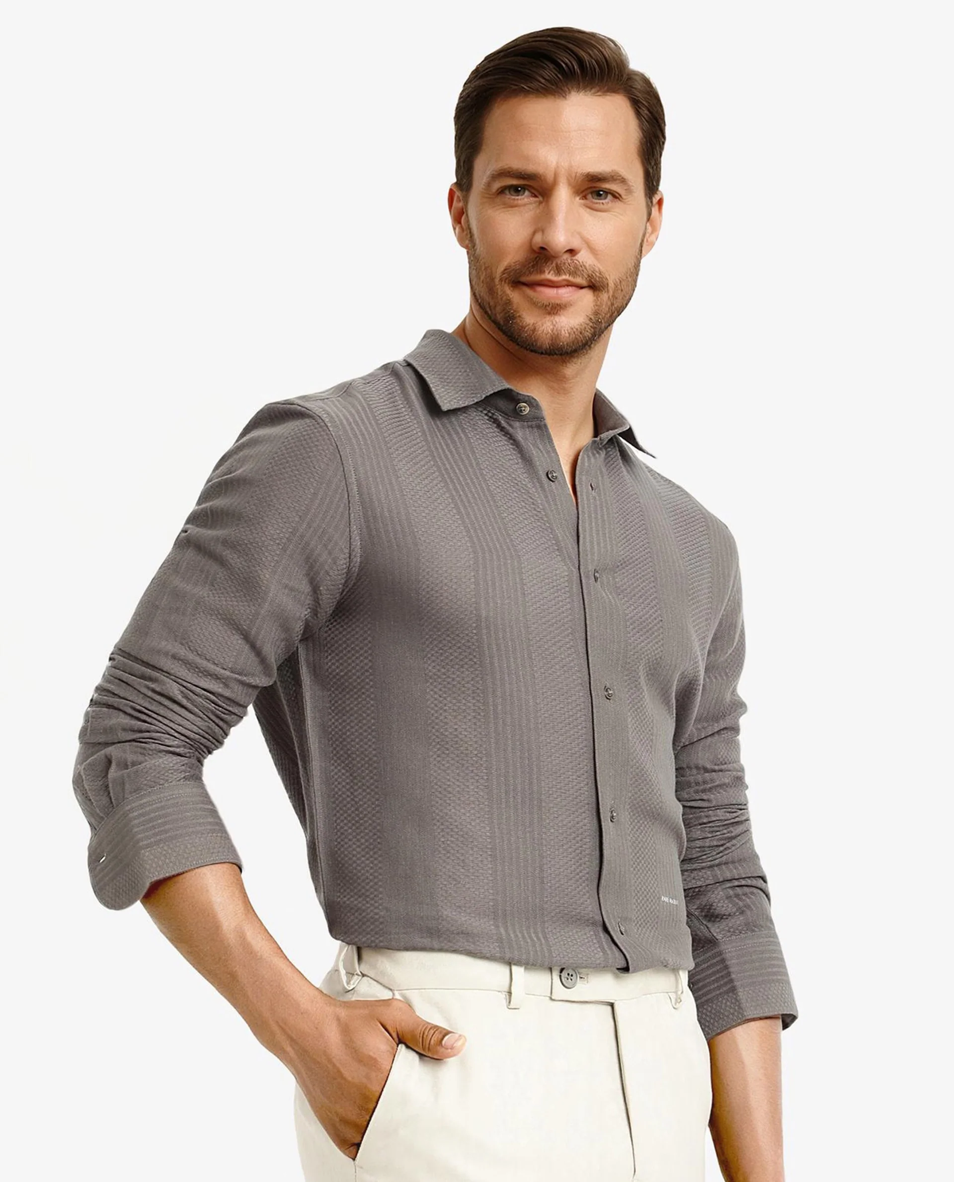 Rare Rabbit Men's Aube Olive Cotton Textured Regular Fit Full Sleeve Collared Shirt - Image 8